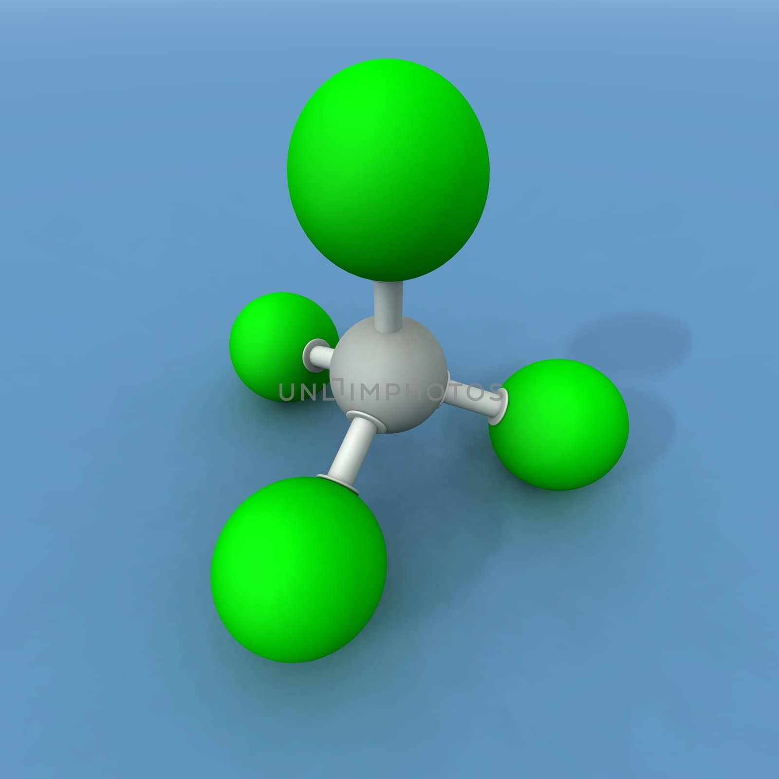a 3d render of a carbon tetrachloride molecule