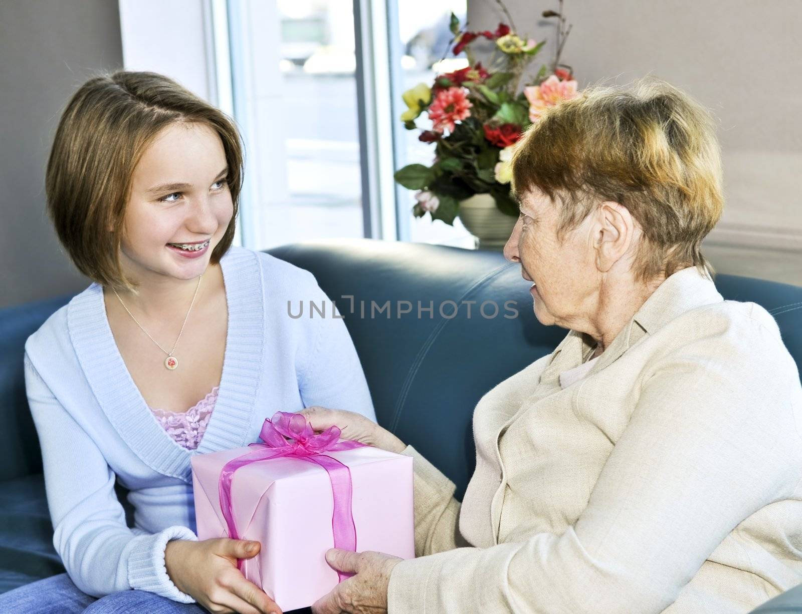 Granddaughter giving a present to her grandmother