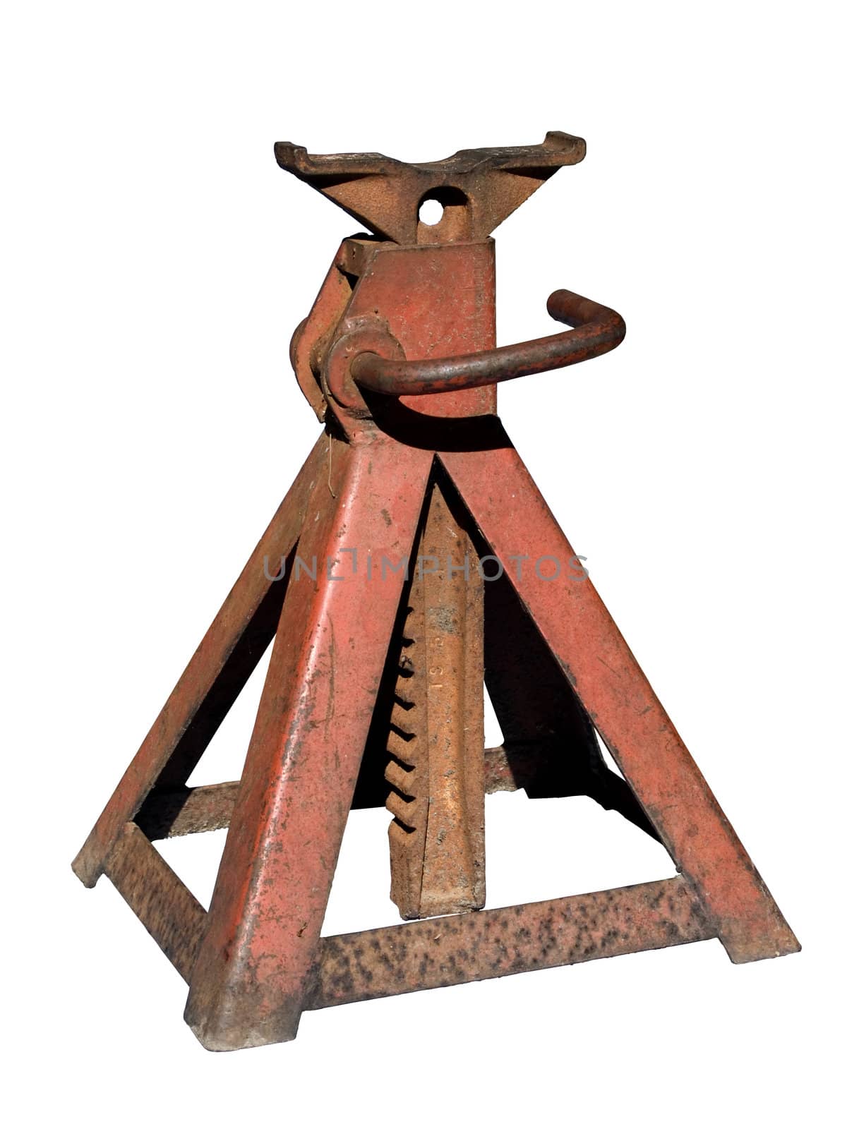 Old rusted used car jack stand with dents, chipped paint and obvious wear. Isolated on white with clipping path.