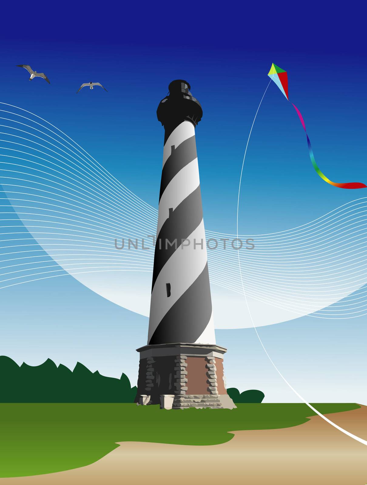 Illustration of the Cape Hatteras Lighthouse with a kite, gulls and sand.