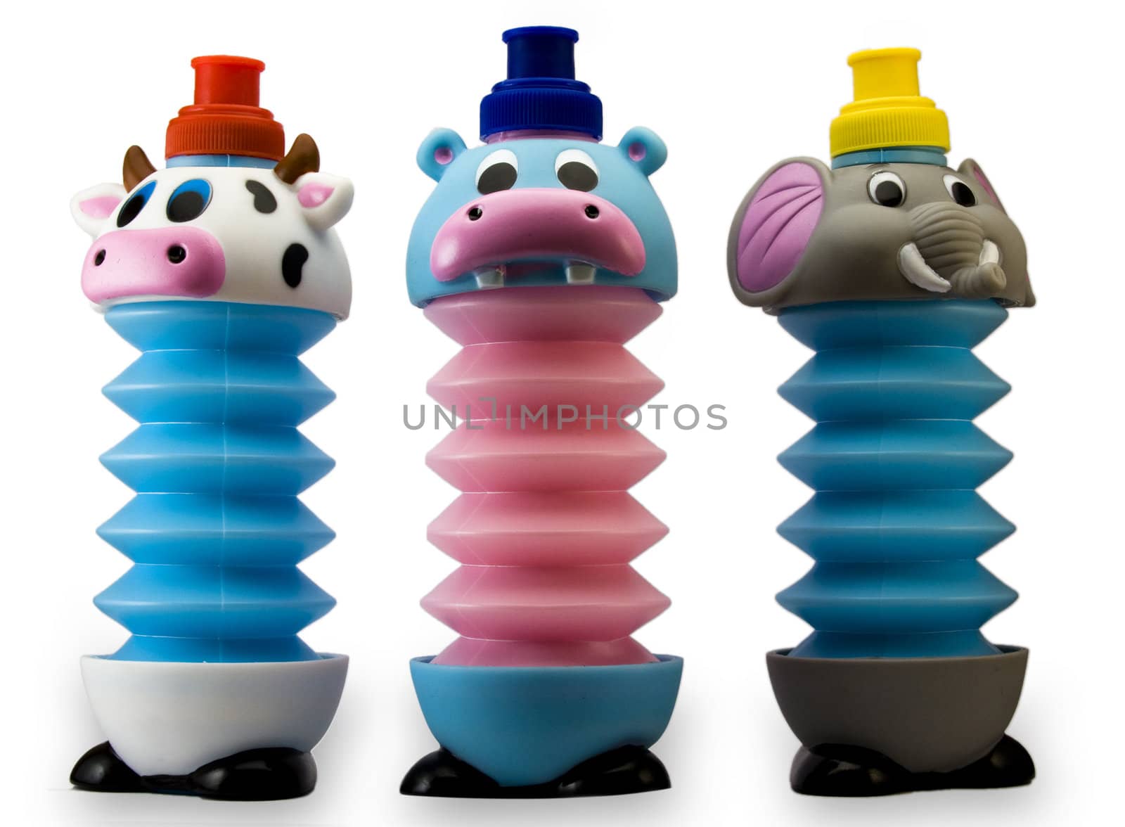 three animal shape bottles, blue and pink