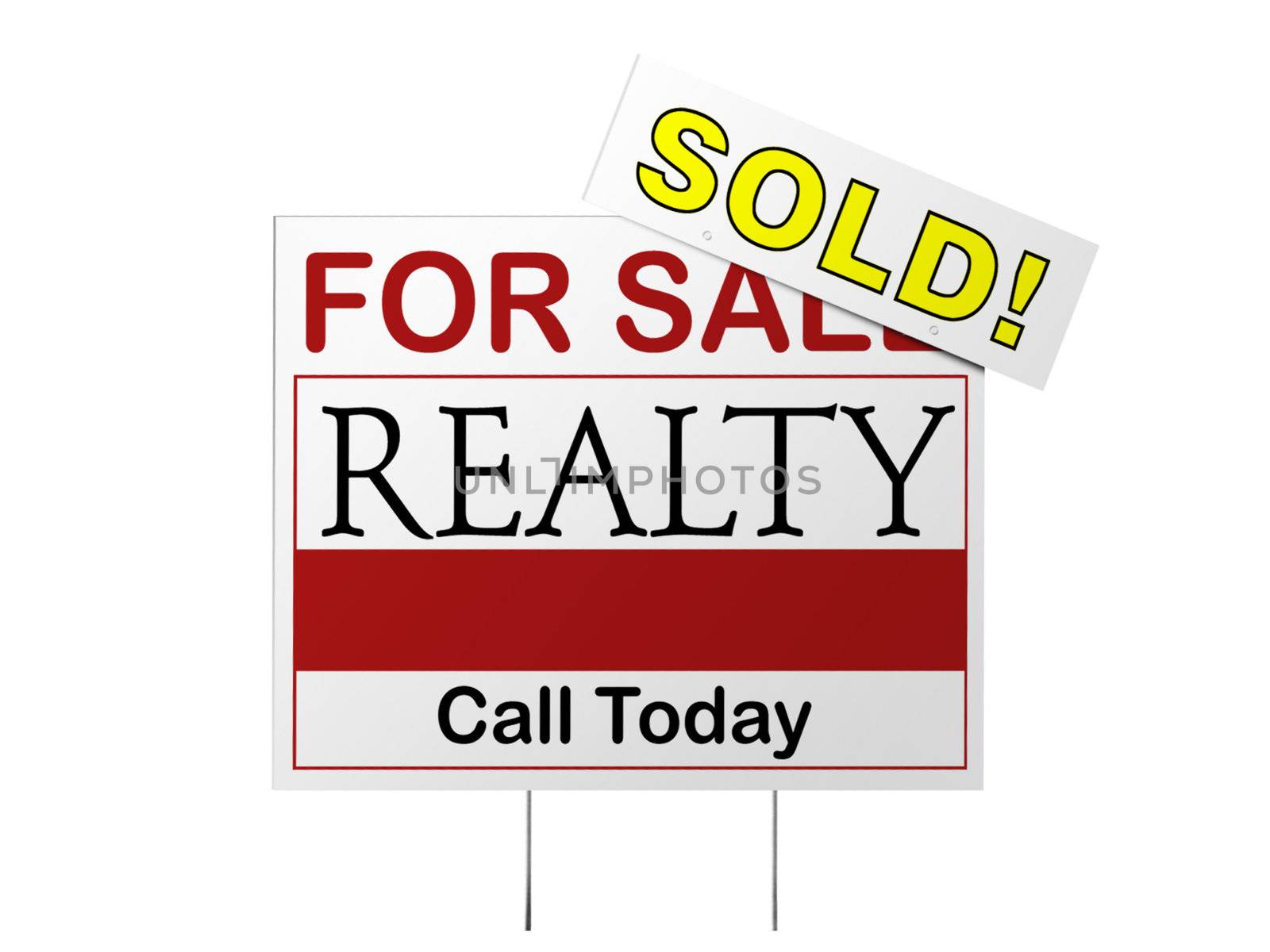 Real estate for sale sign with a prominent SOLD notice. Isolated on white.