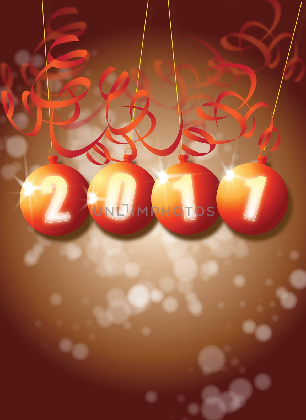 A New Year themed image on a portrait format with 2011 set in a set of orange baubles with paper style decorations.