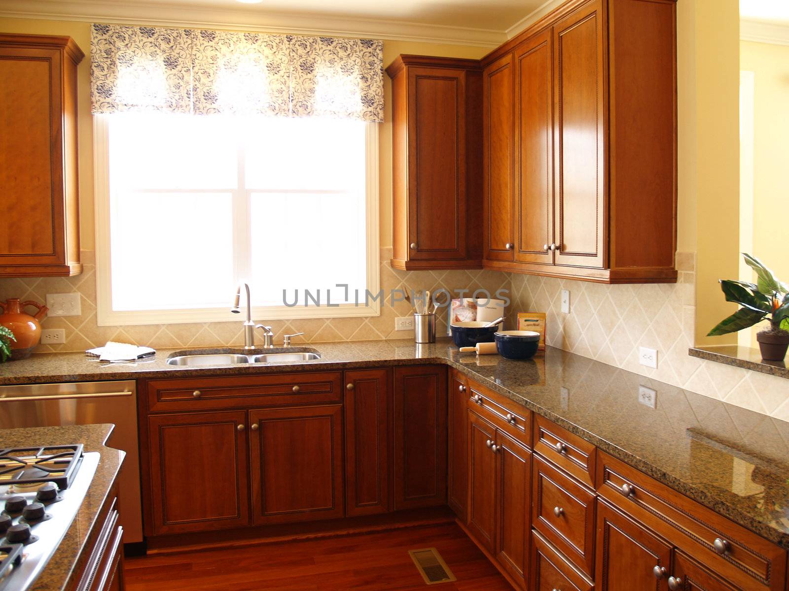 Brightly lit modern kitchen with dark wood cabinets and hardwood floors. Granite countertops and a gas cook top in the island. 