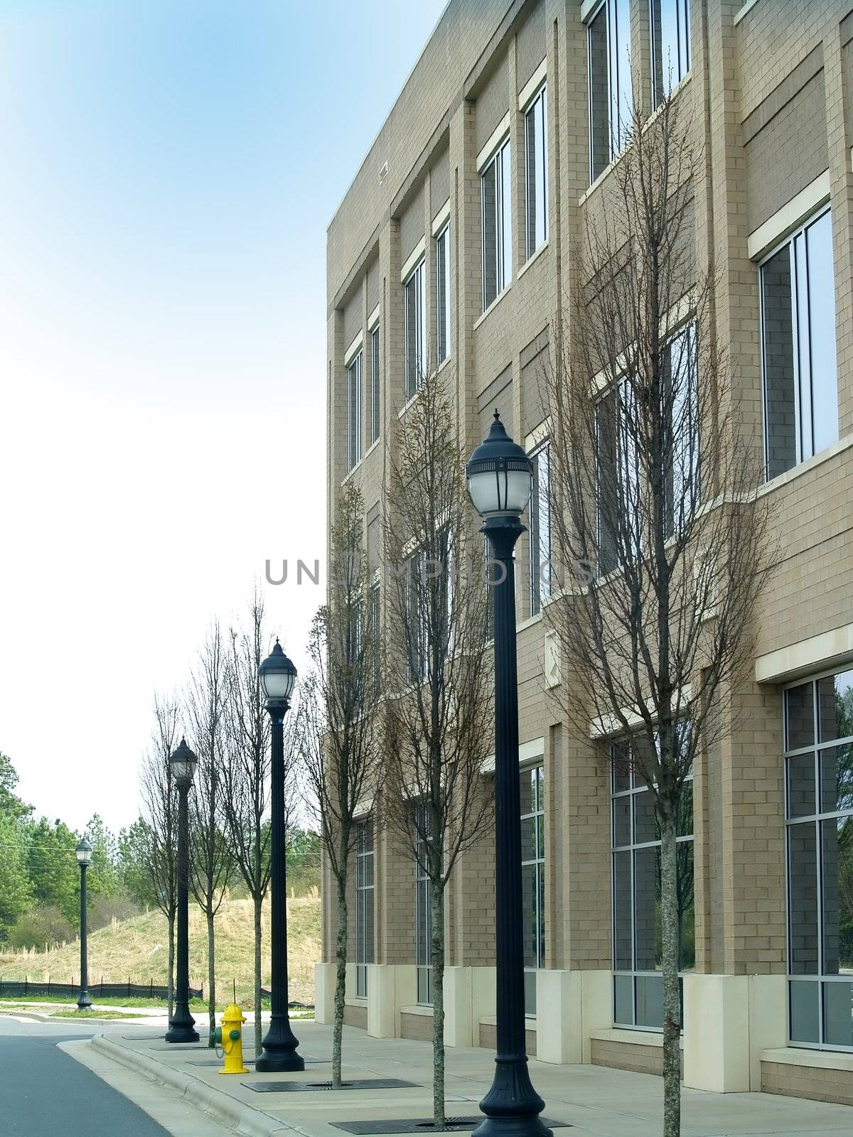 Outside view of a sand colored office building with trees and light poles along the sidewalk