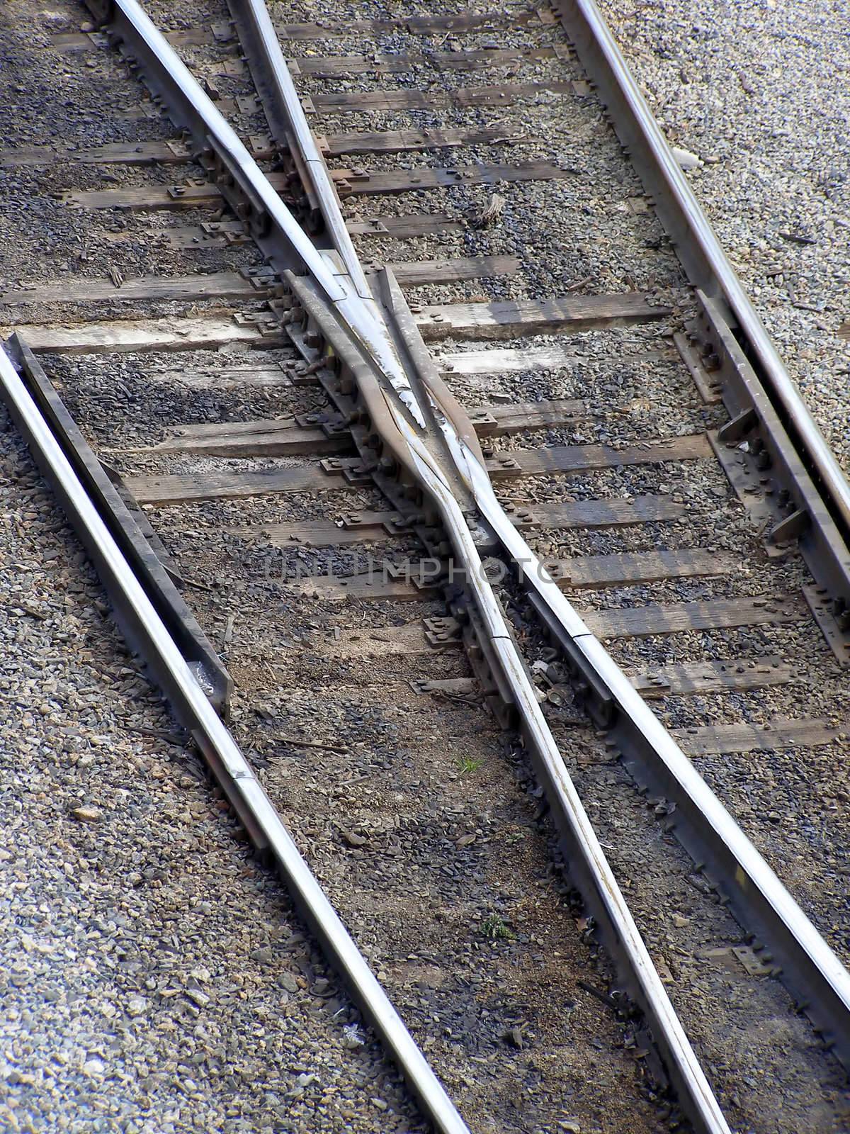 Detail of railroad switch with rails, ties and gravel