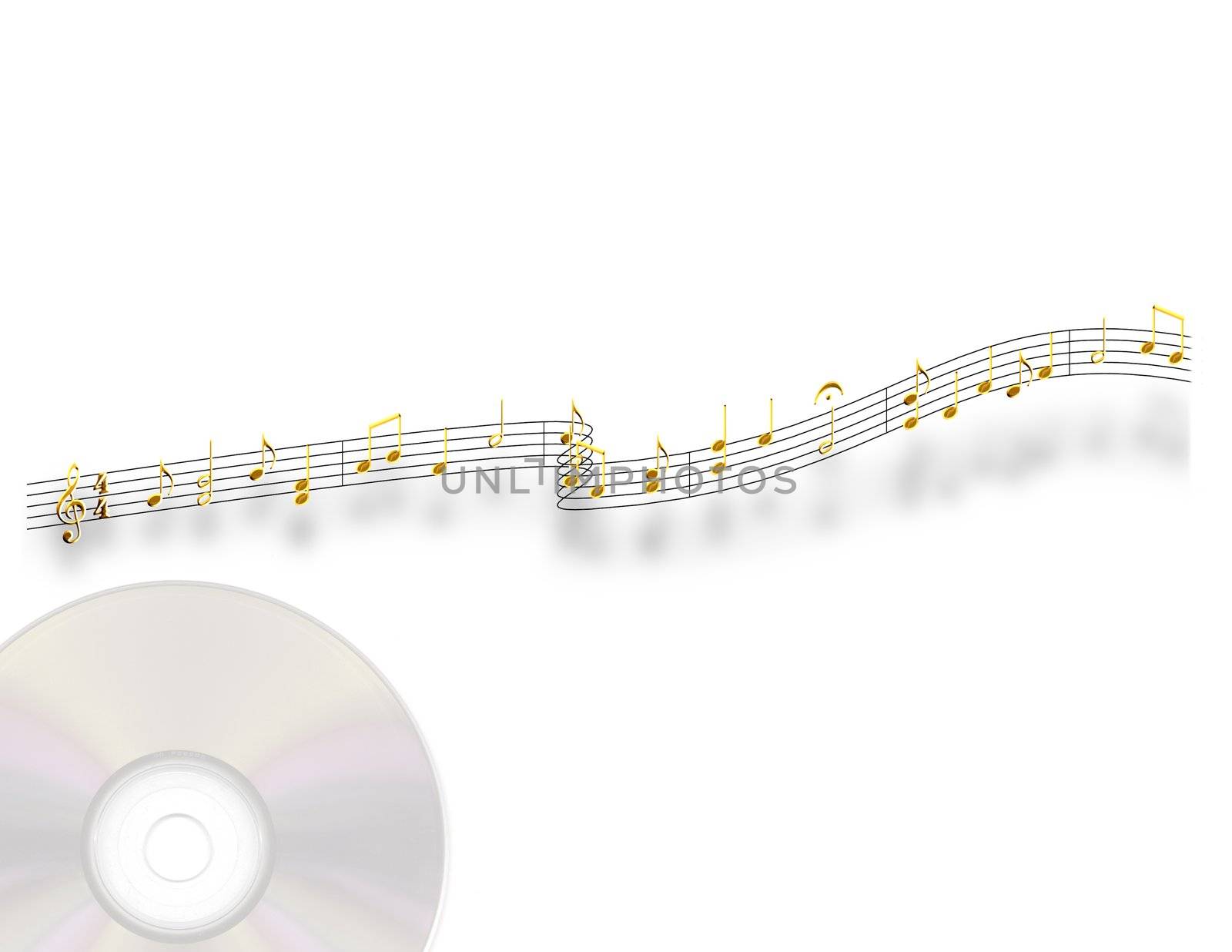 Golden musical notes on a stylized staff with a compact disc