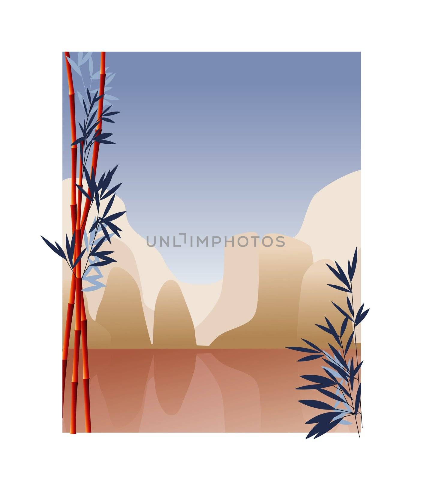 Illustration of mountains reflected in the water and framed by bamboo