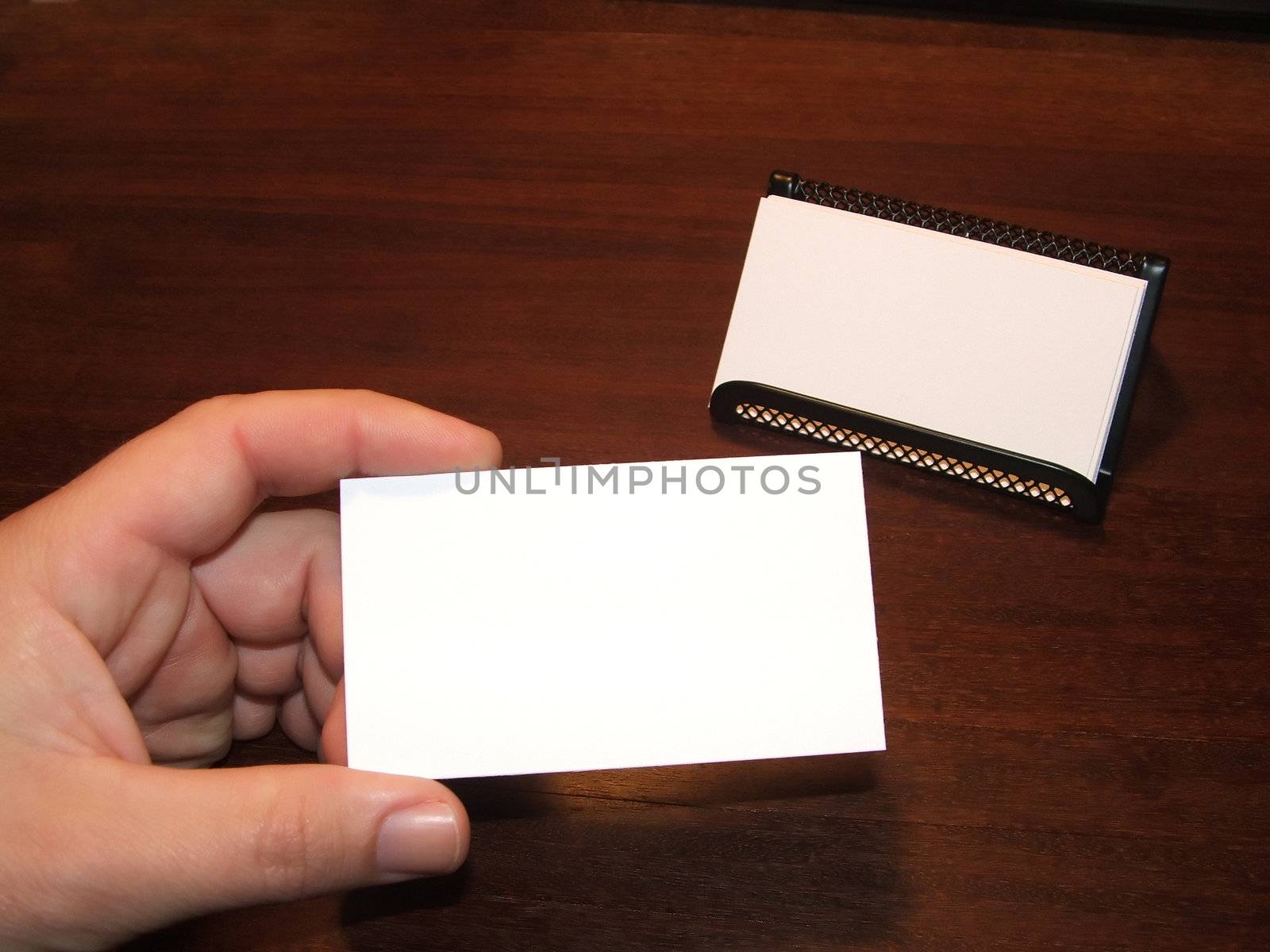 Man's hand holding a blank business card