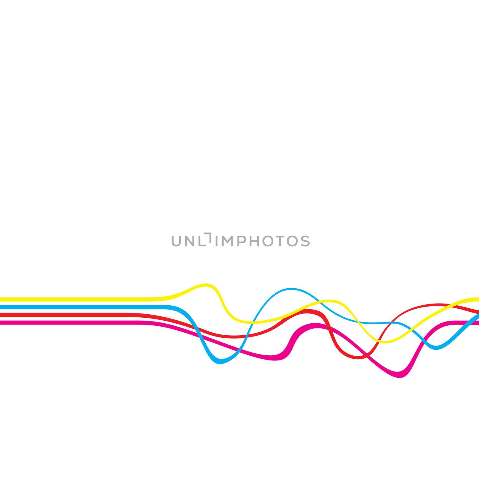 Abstract layout with wavy lines in a CMYK color scheme isolated over a white solid color background. 