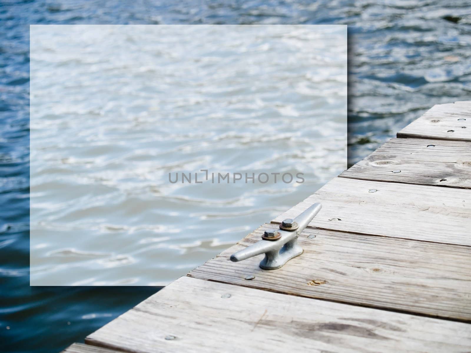 Dock on a lake in the mountains with text box