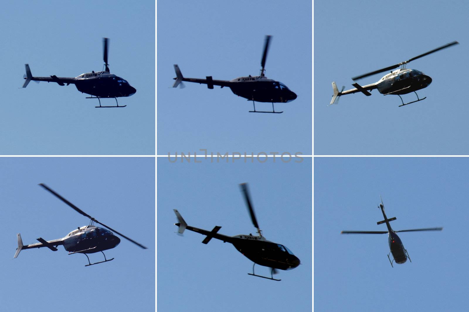 Helicopter flying sequence over blue sky