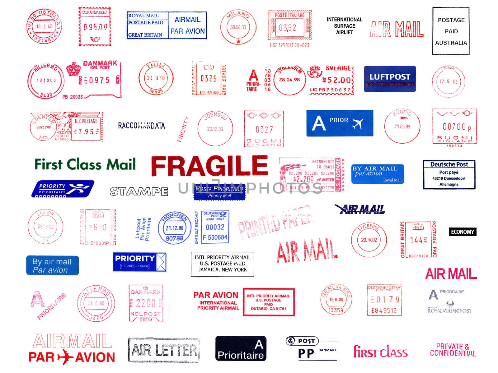 Postage meters, rubber stamps, mail labels isolated over white