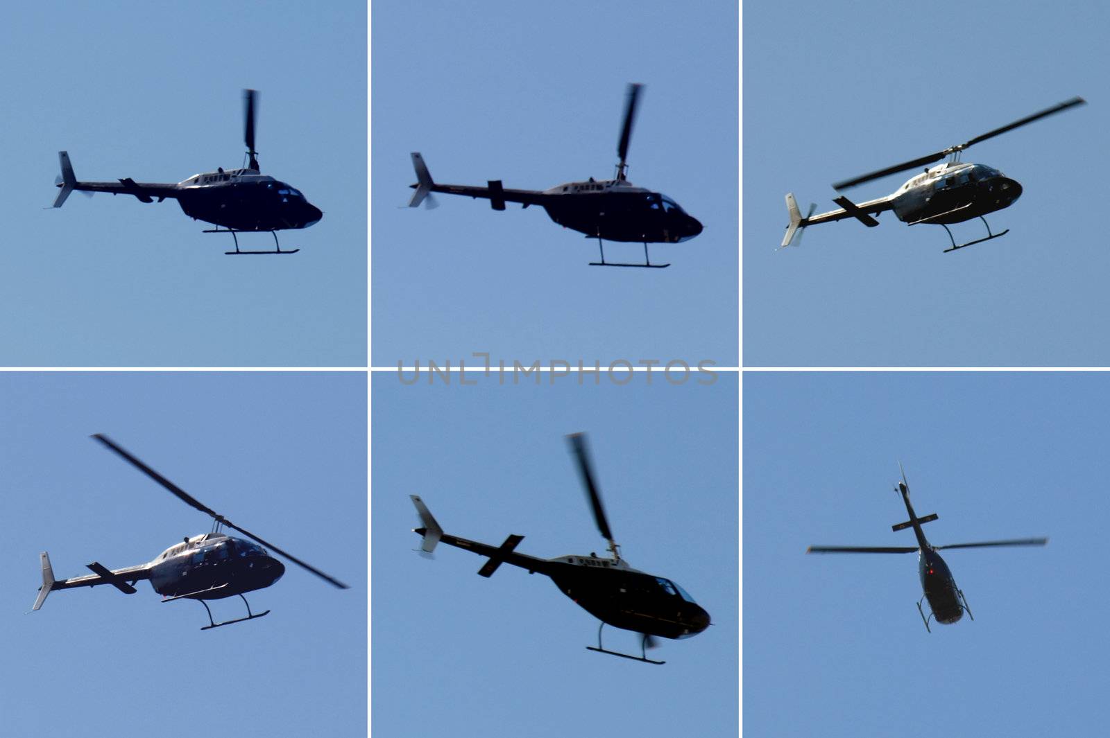 Helicopter flying sequence over blue sky