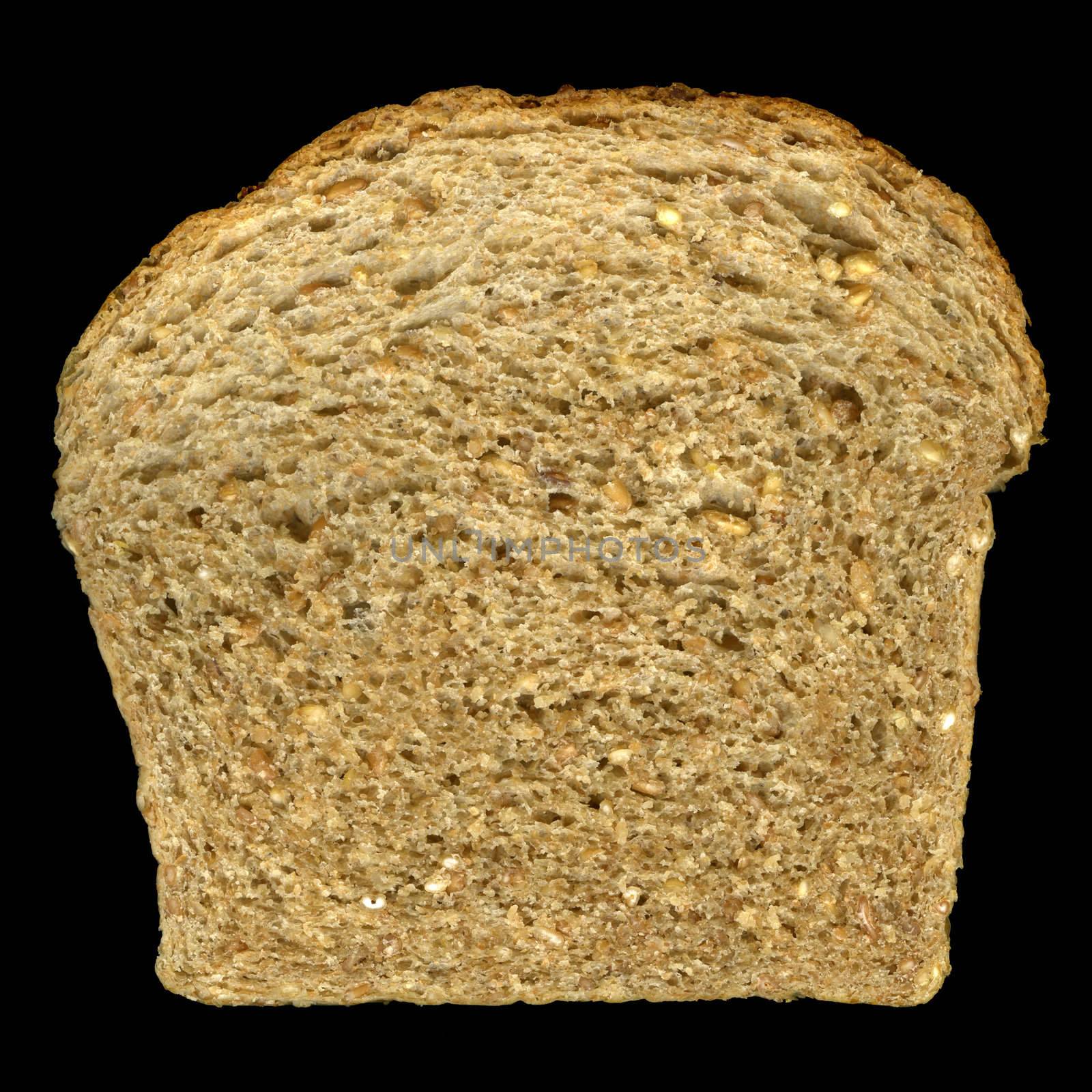 slice of nine grain bread (read and white wheat, barley, buckwheat, corn, flax, millet, oats, rye) isolated on black