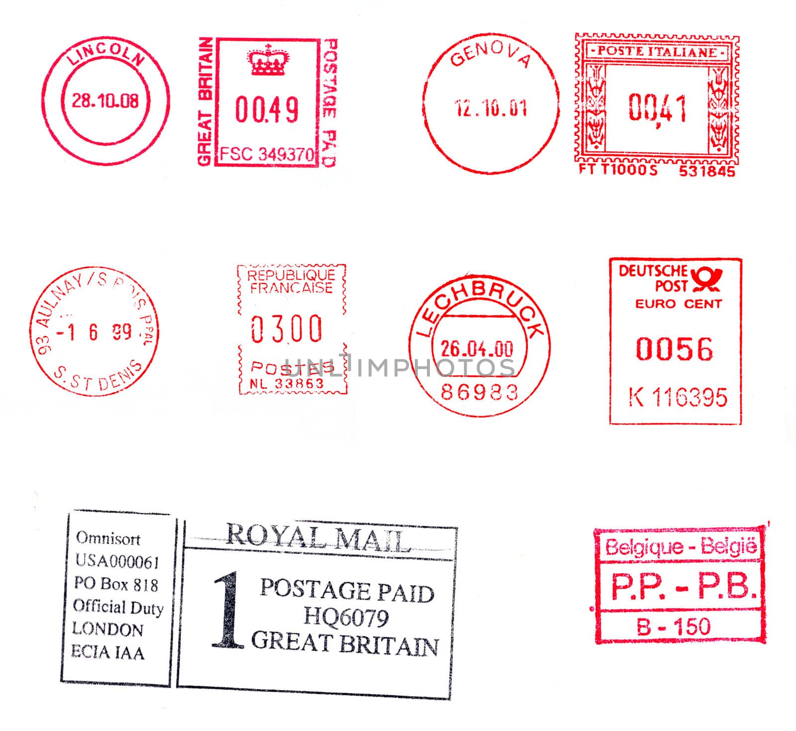 Postage meters, rubber stamps, mail labels isolated over white