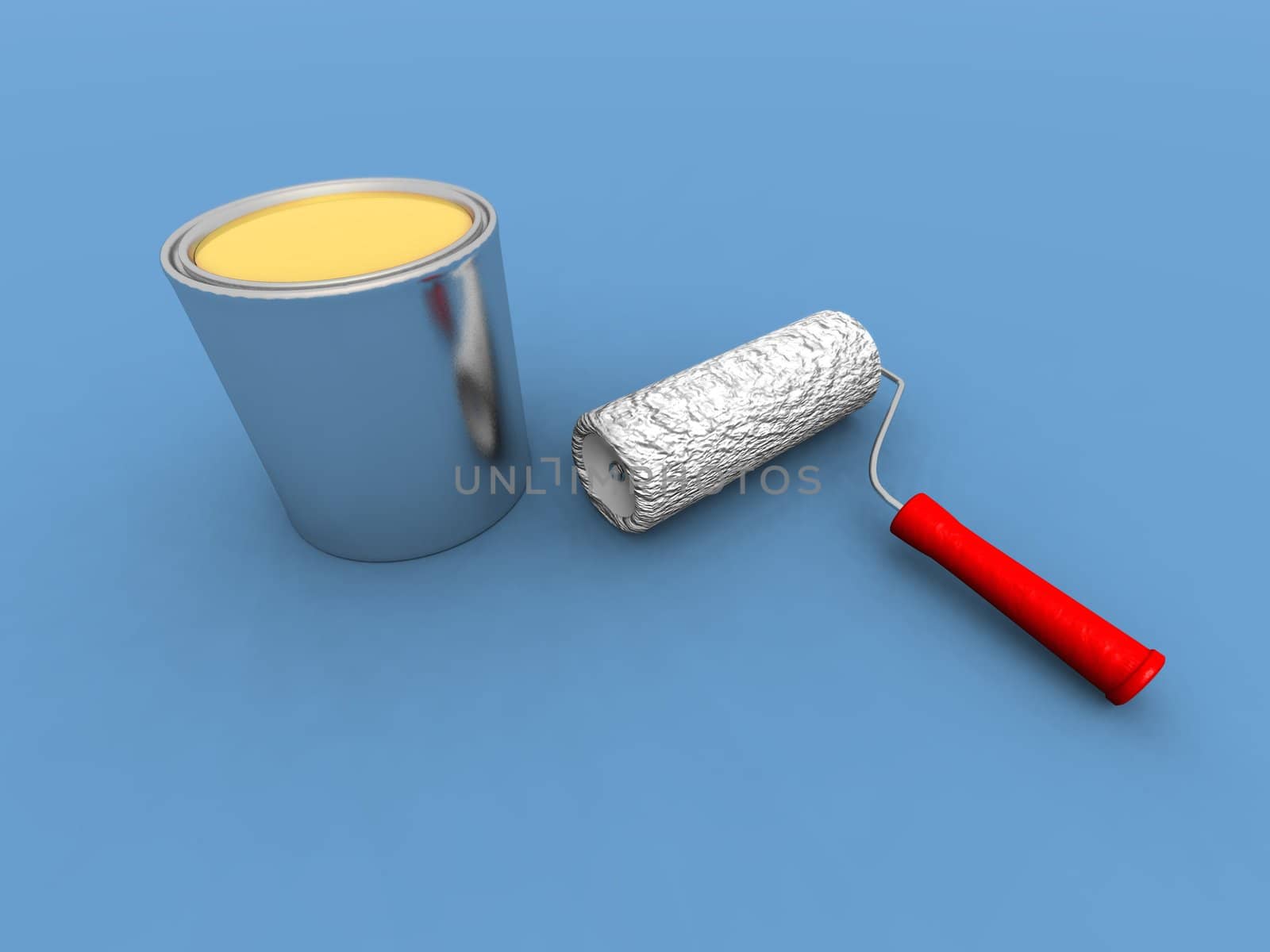a 3d render of a paint roller and a yellow paint can