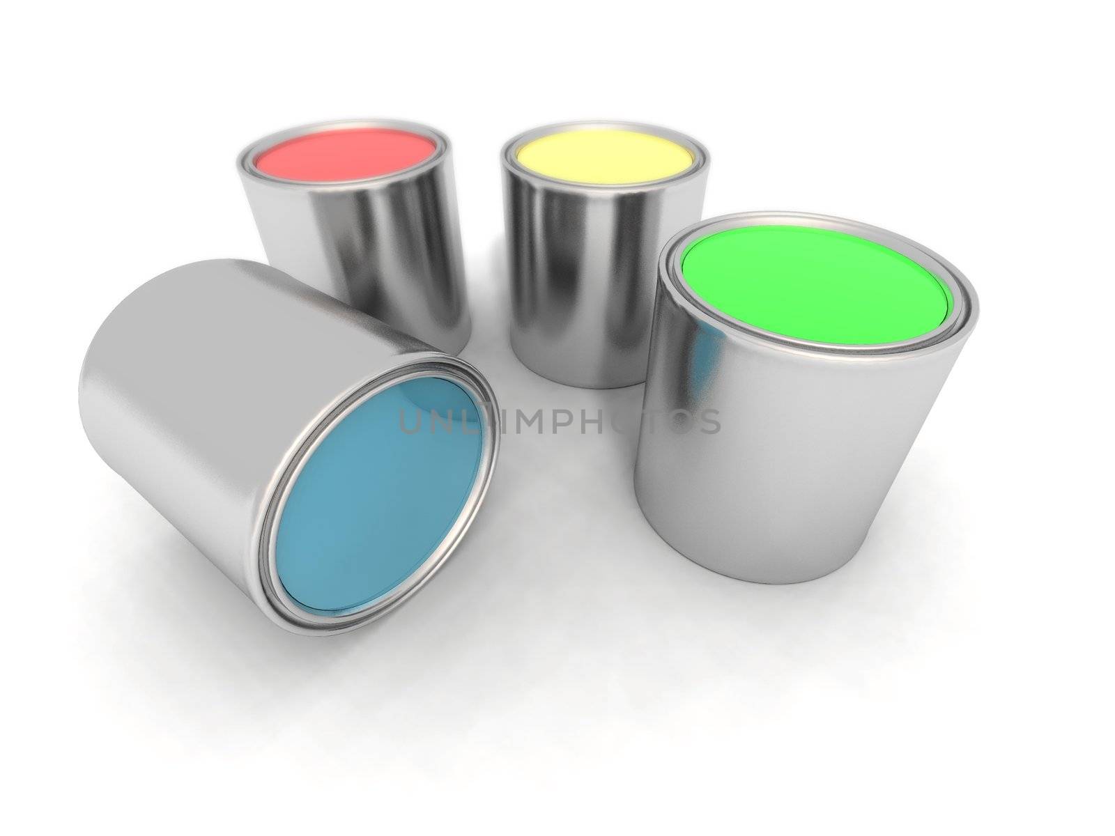 a 3d render of blue, red, yellow and green paint cans