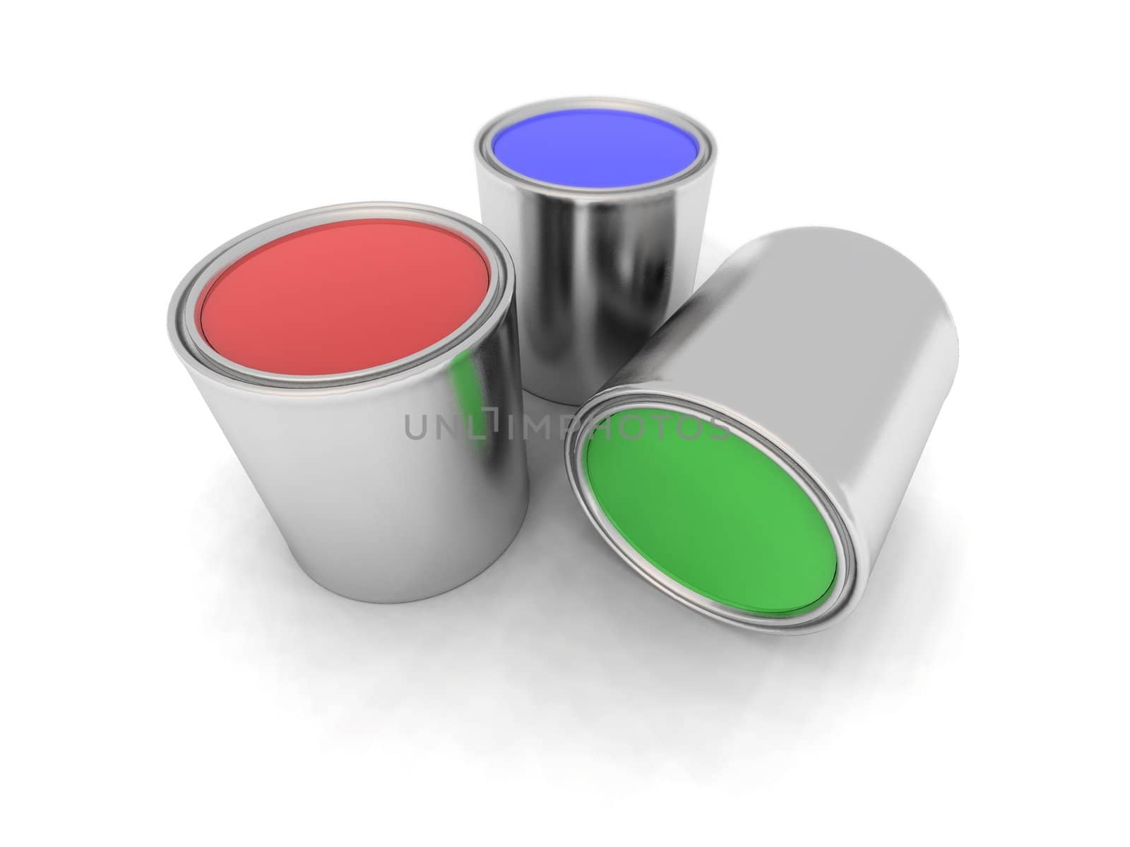 a 3d render of red, blue and green paint cans