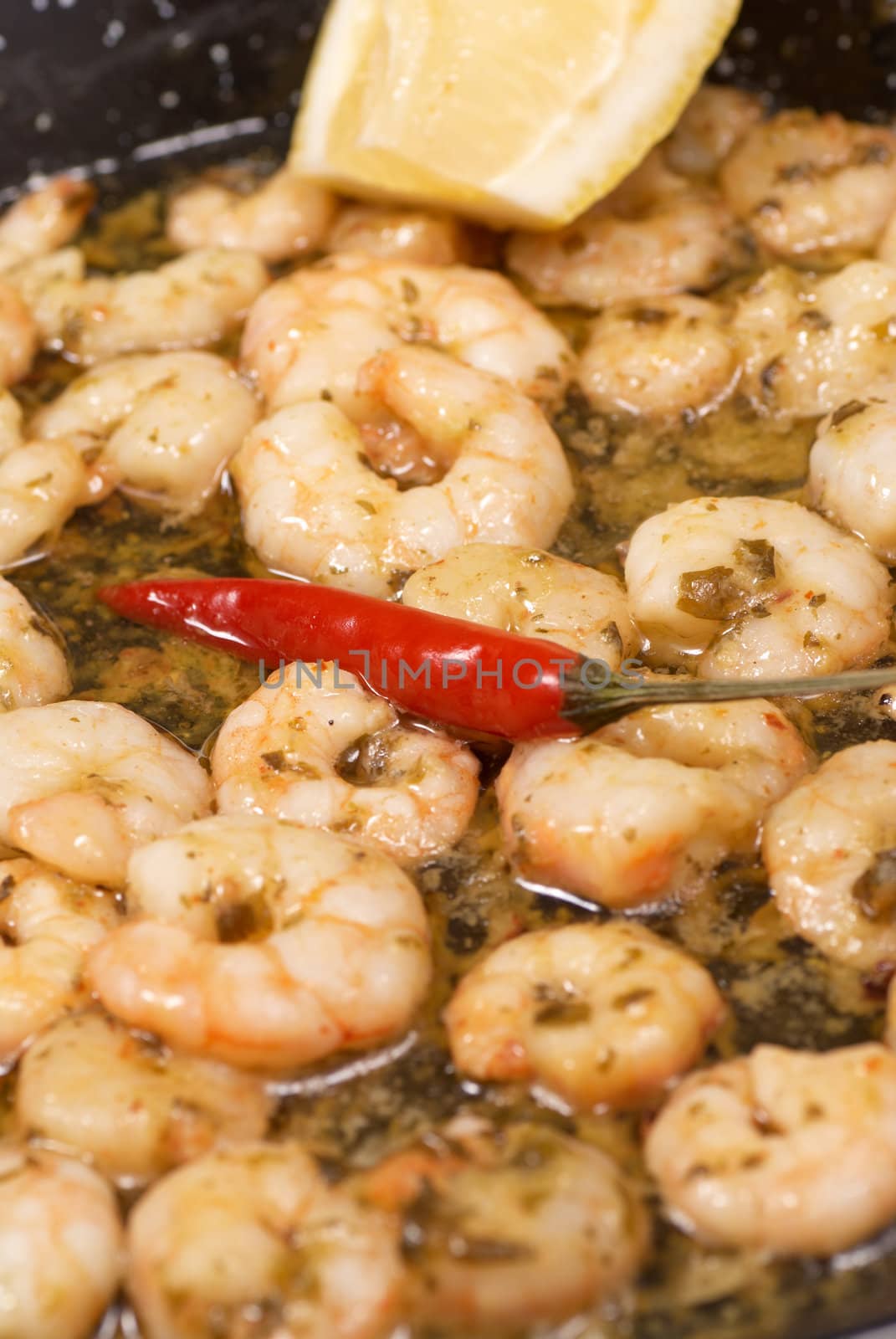 Spicy prawns in olive oil, Spanish tapa