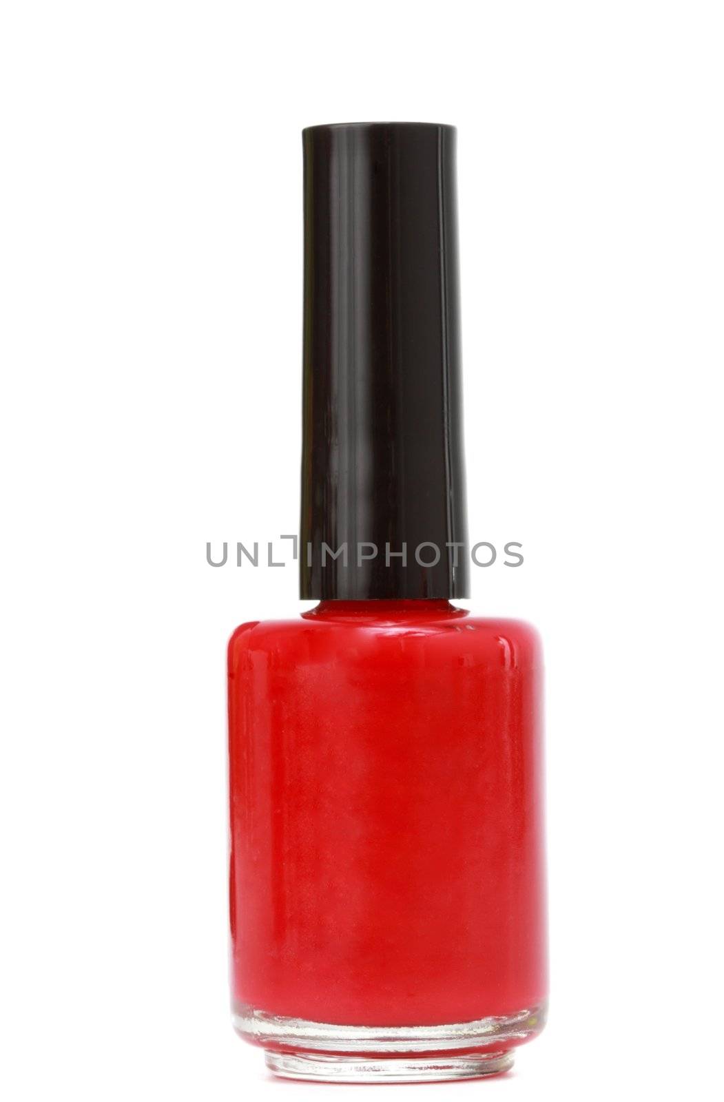 bottle of red nail polish, white background
