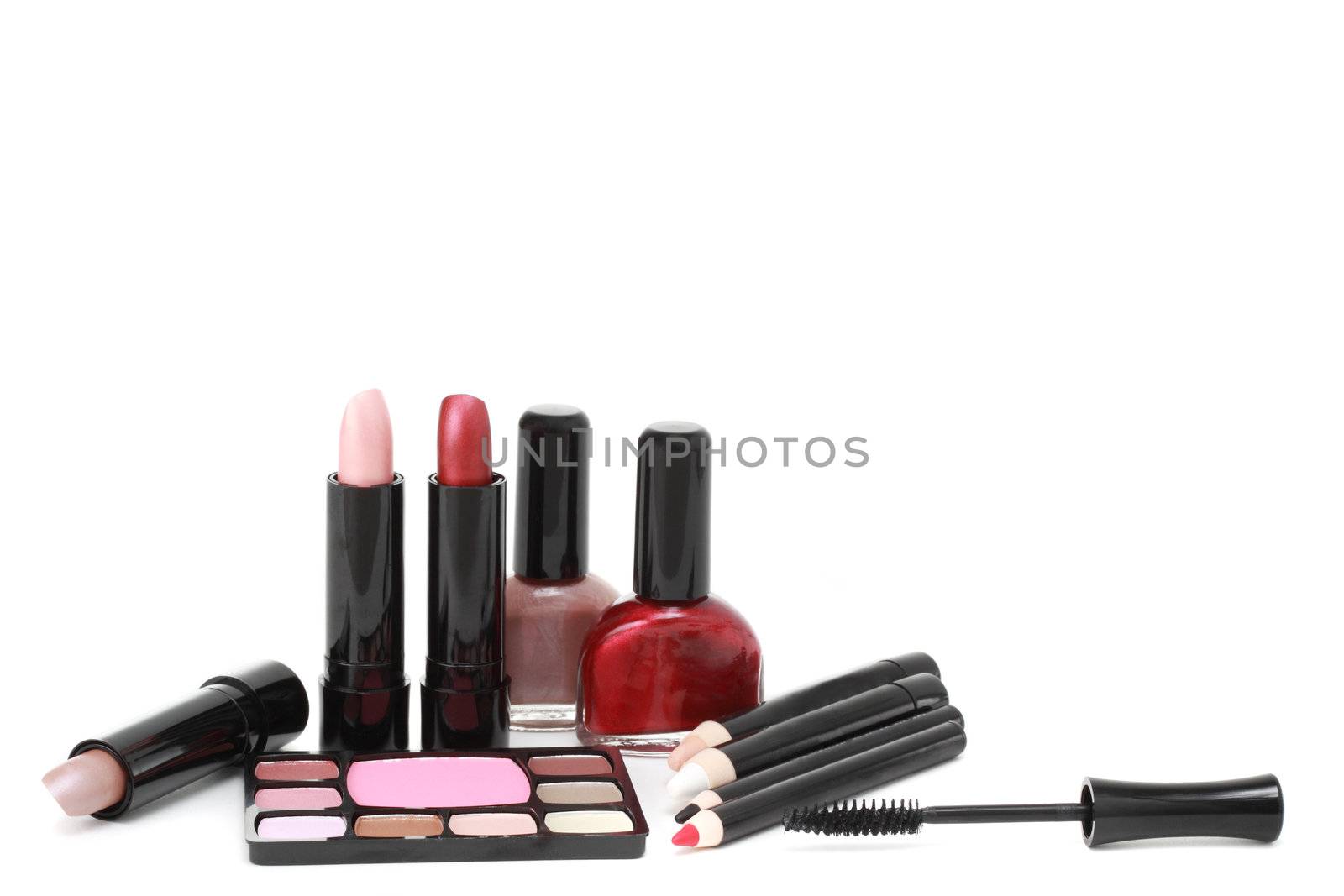 lipstick, nail enamel, mascara and makeup powder