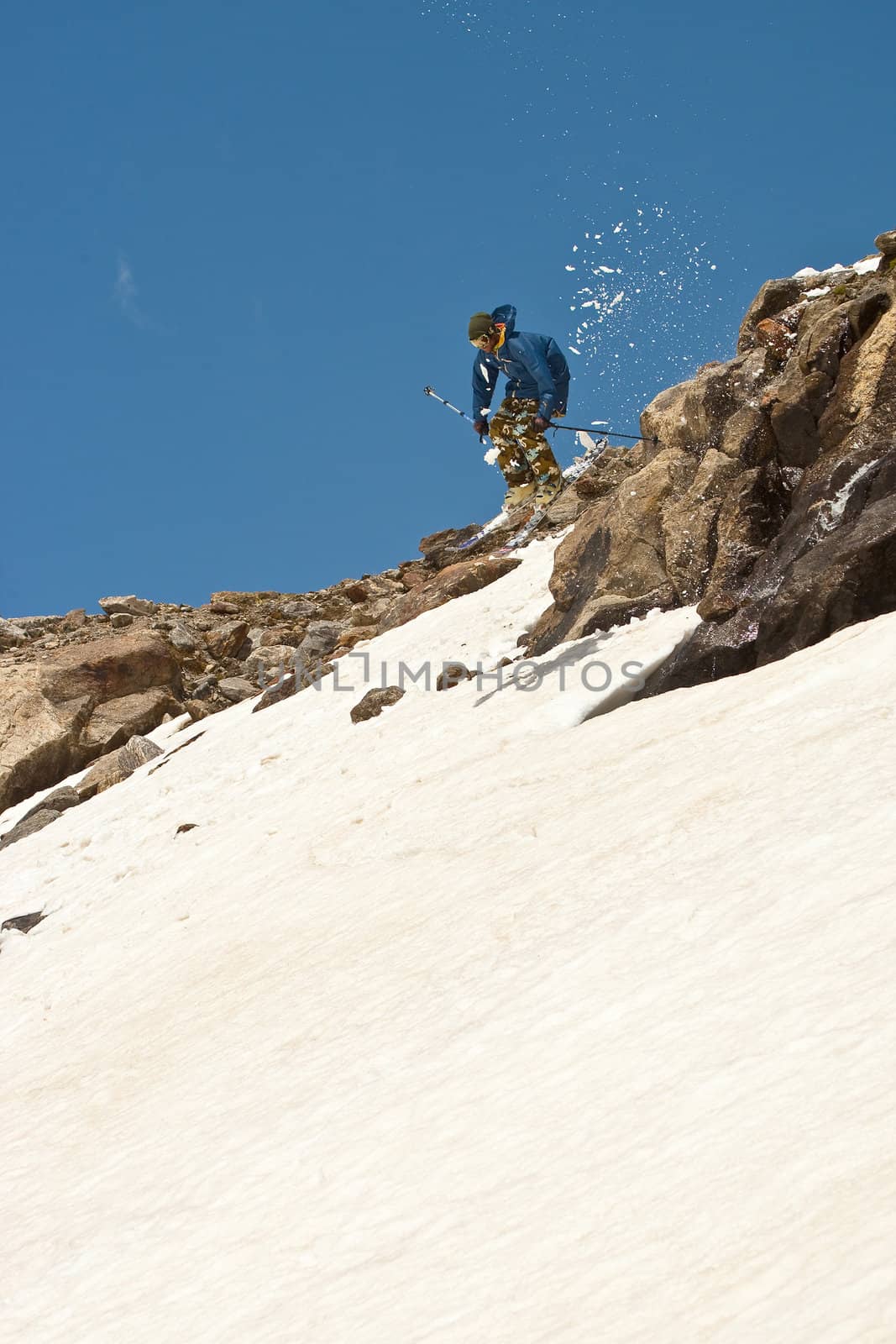 Freerider jumping in a mountains, Caucasus, Elbrus, summer