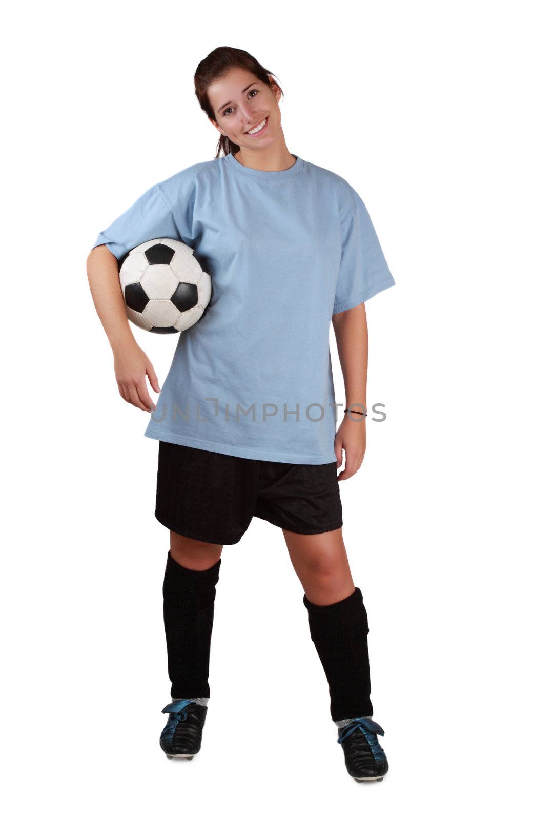 young caucasian woman with soccer ball