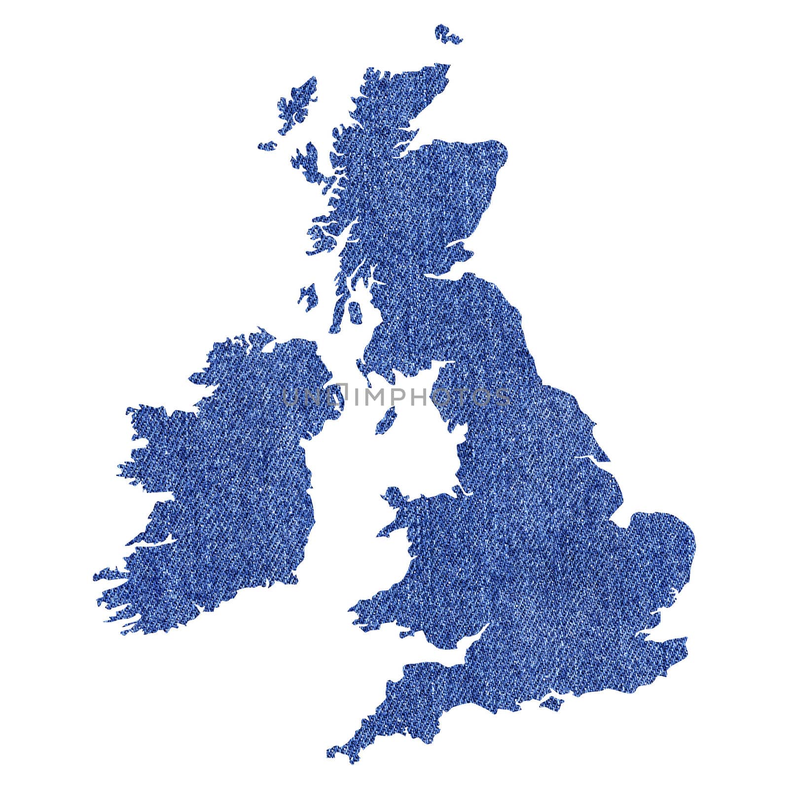 UK and Ireland map with jeans background