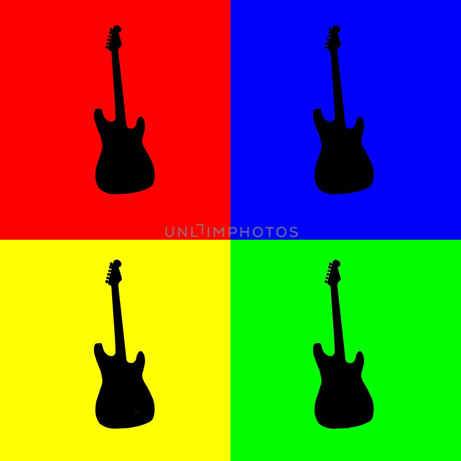 Silhouette of electric guitar in black over four complementary colors