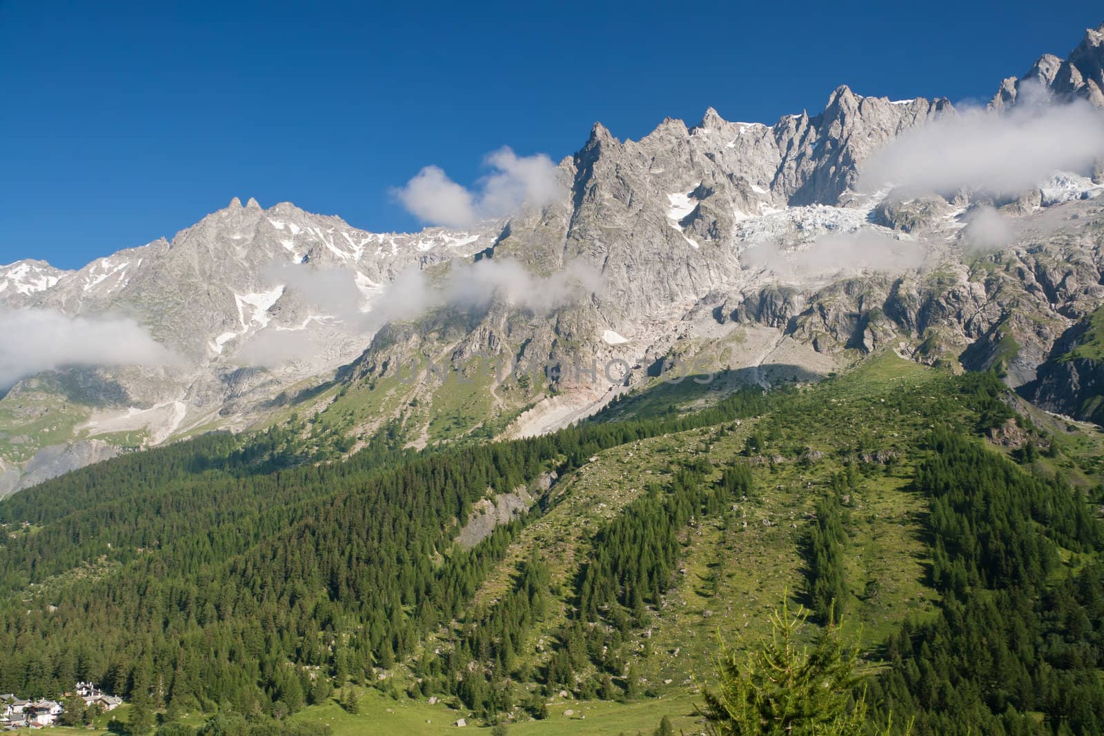 summer view of Ferret Valley and mont Blanc, Courmayeur, Italy. Photo taken with polarized filter