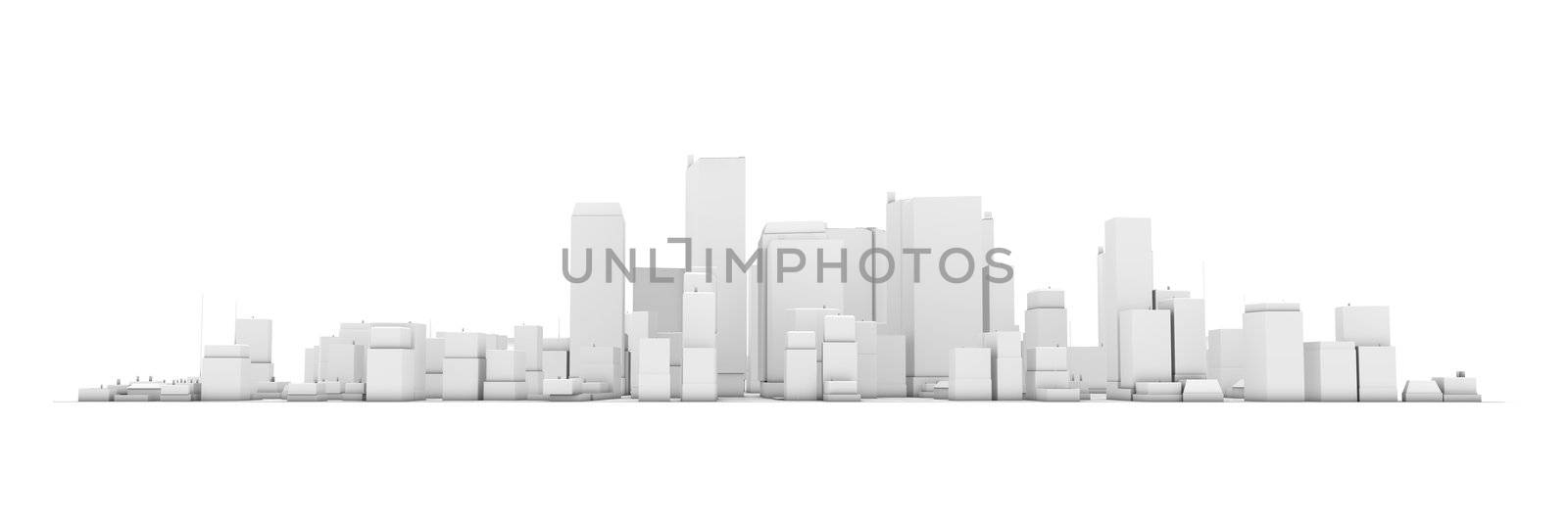 wide 3D cityscape model in white with a white background - buildings are casting no shadows