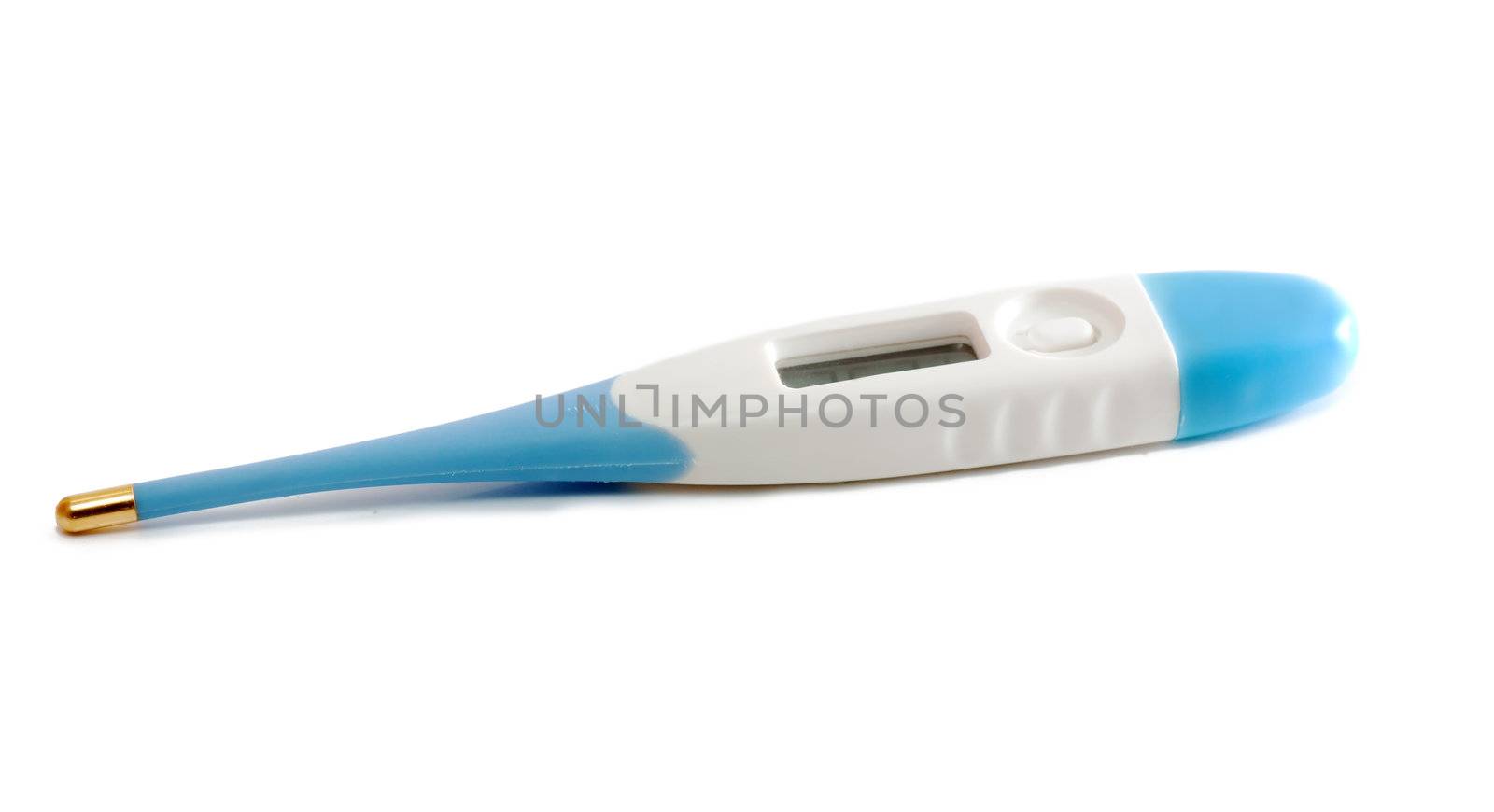 Digital white and blue thermometer with display isolated over white.