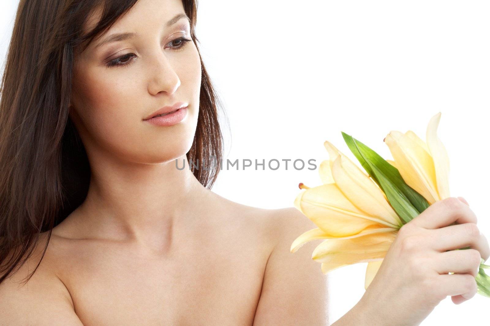 happy brunette with yellow lily flowers #2 by dolgachov