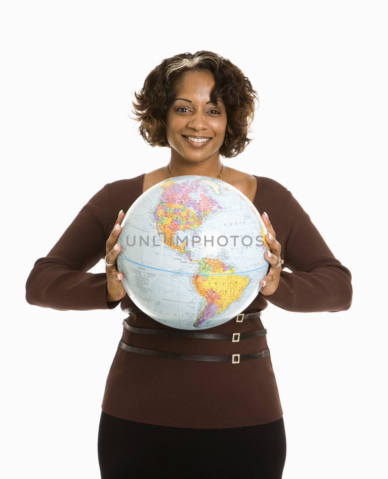 Smiling woman holding earth globe.