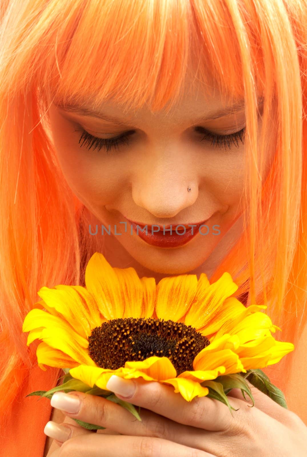 picture of lovely orange hair girl with sunflower