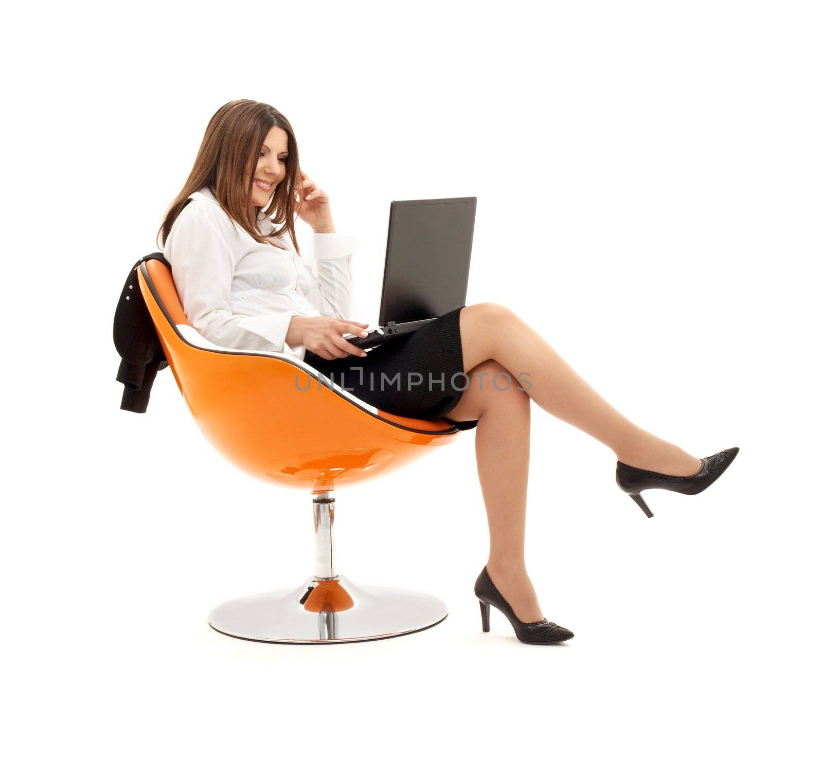 businesswoman with laptop in orange chair #2 by dolgachov