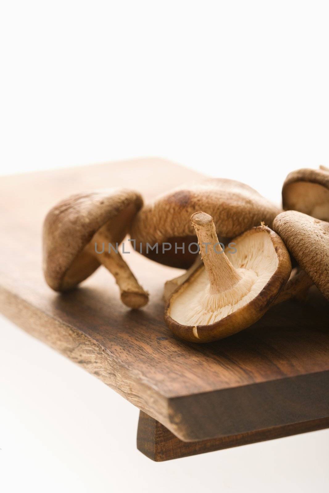 Pile of shiitake mushrooms on cutting board.