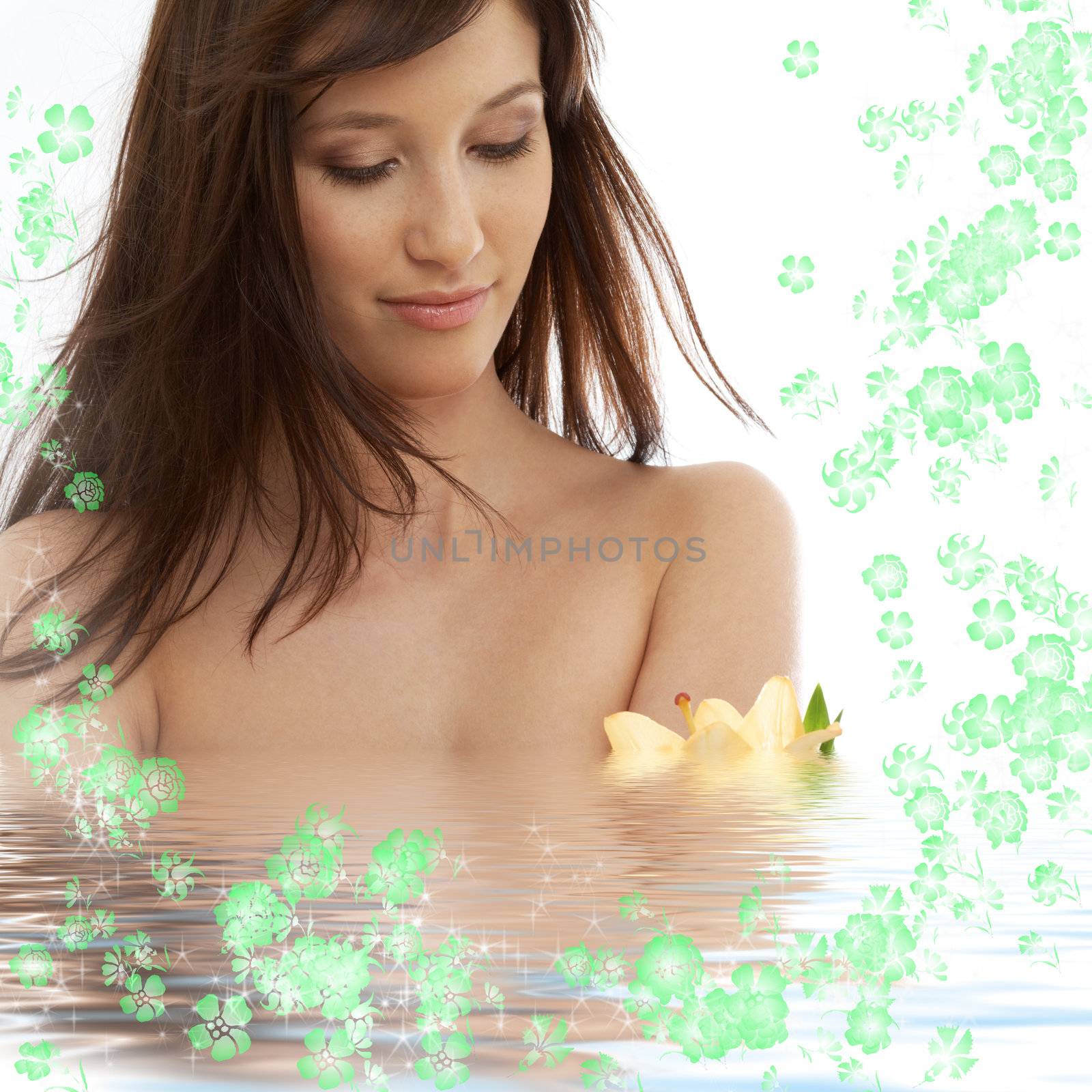 brunette with yellow lily and flowers in water by dolgachov