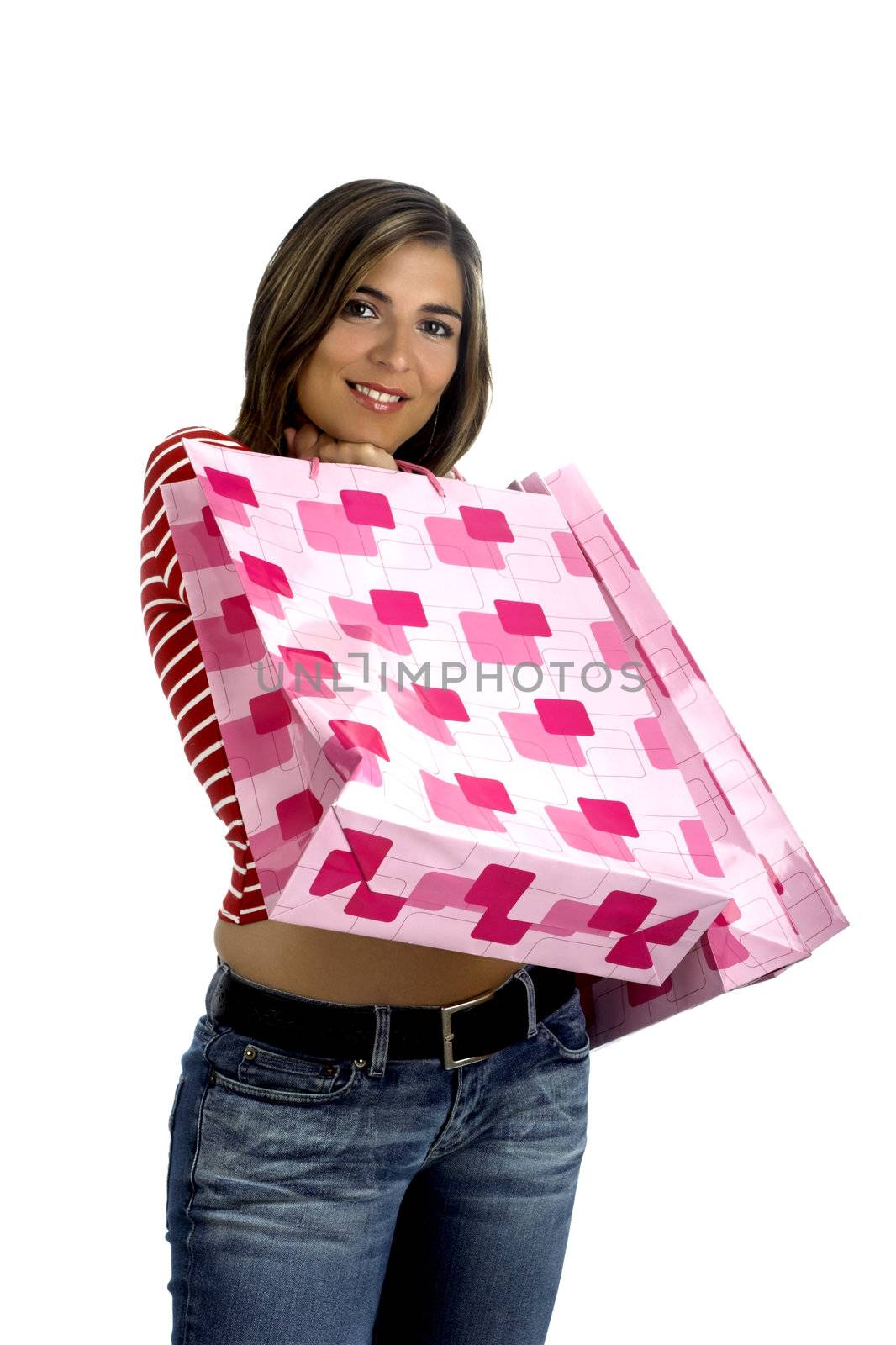 Woman shopping on white background
(photo was taken in studio)
