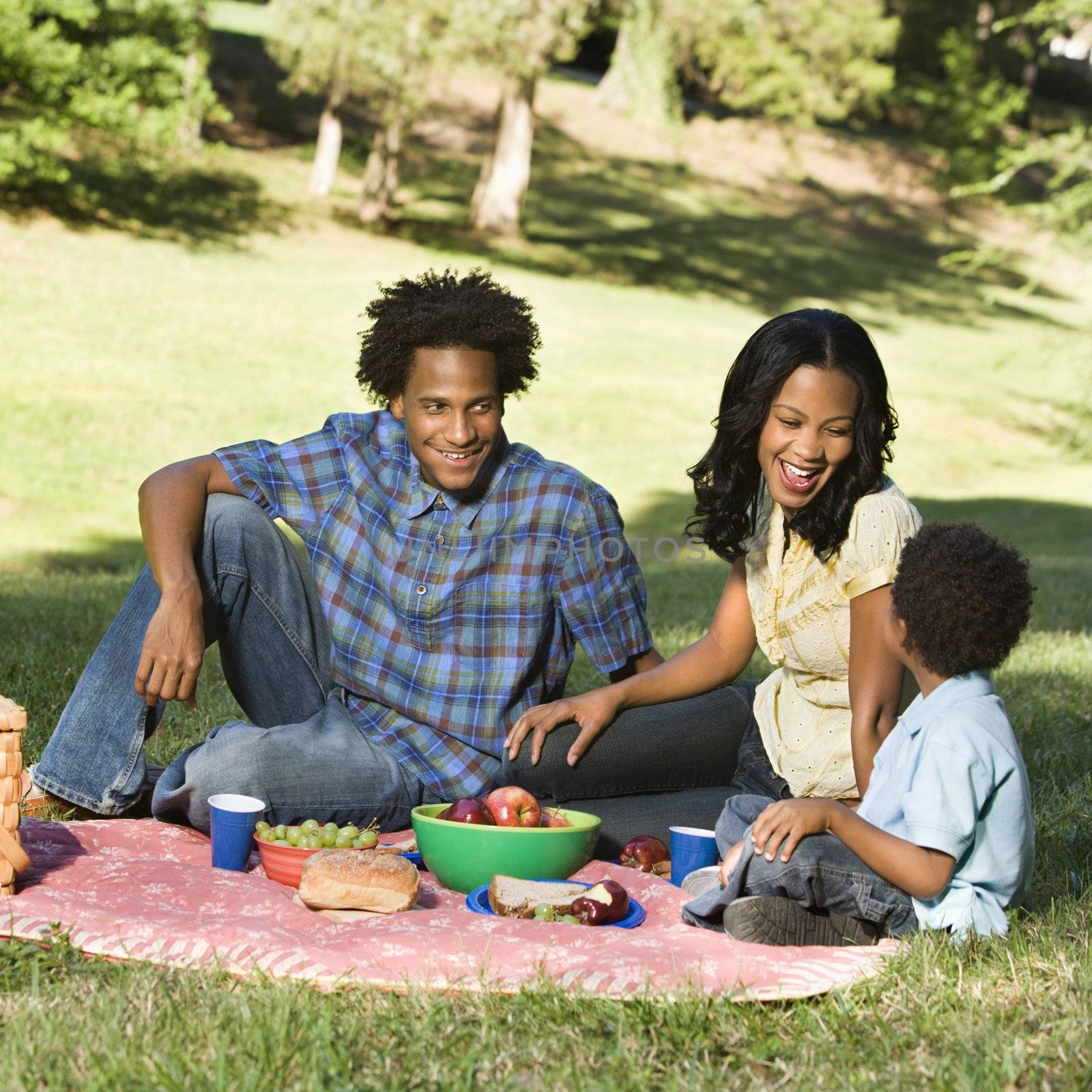 Smiling happy parents and son having picnic in park.