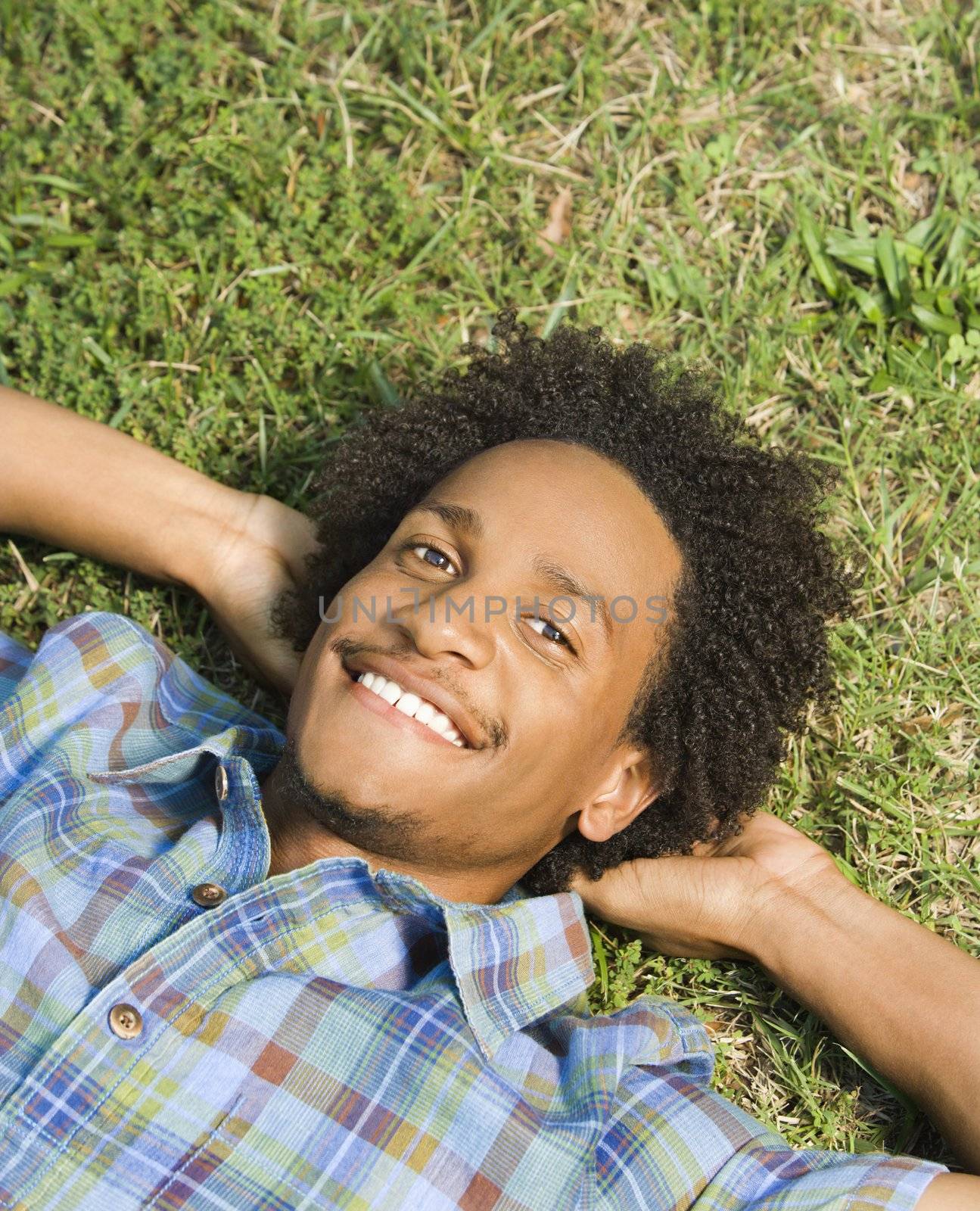 Portrait of man lying in grass smiling with hands behind head.