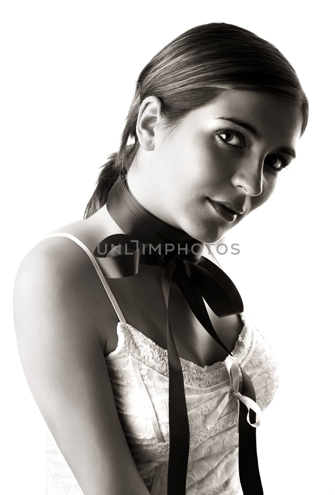 Black and White image of a beautiful woman portrait on a white background