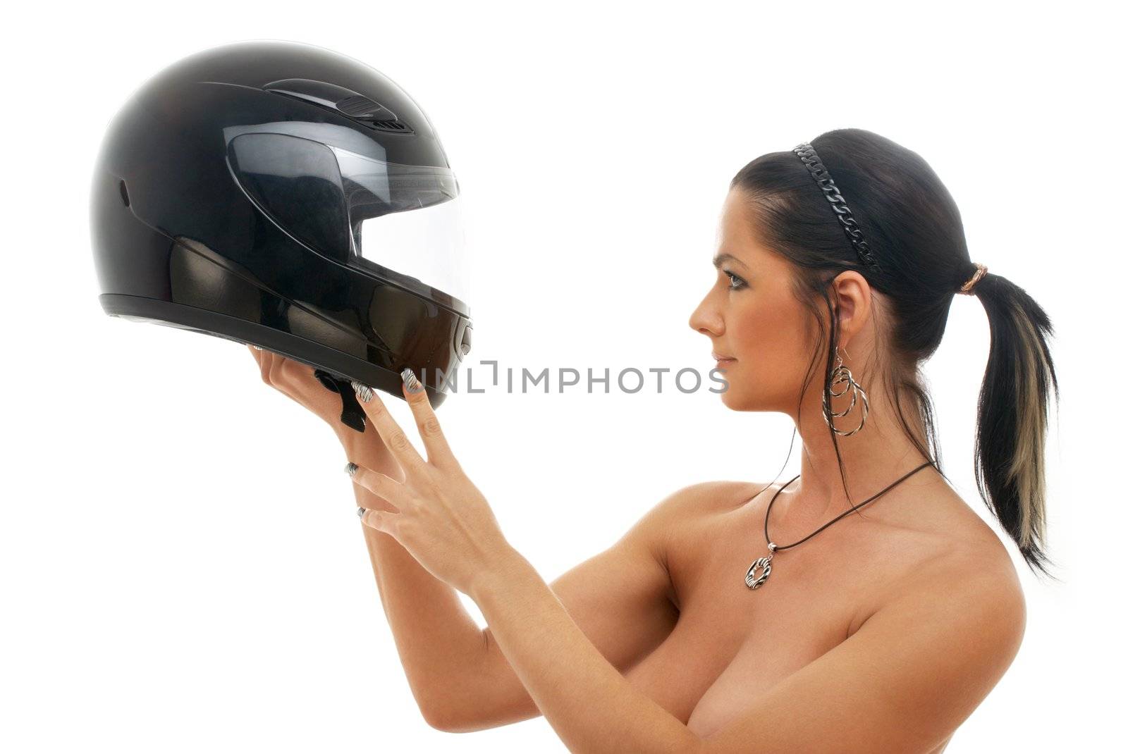 portrait of tanned brunette with black helmet