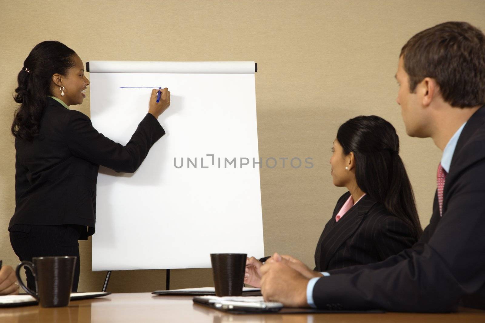 Businesspeople sitting at conference table while businesswoman gives presentation.