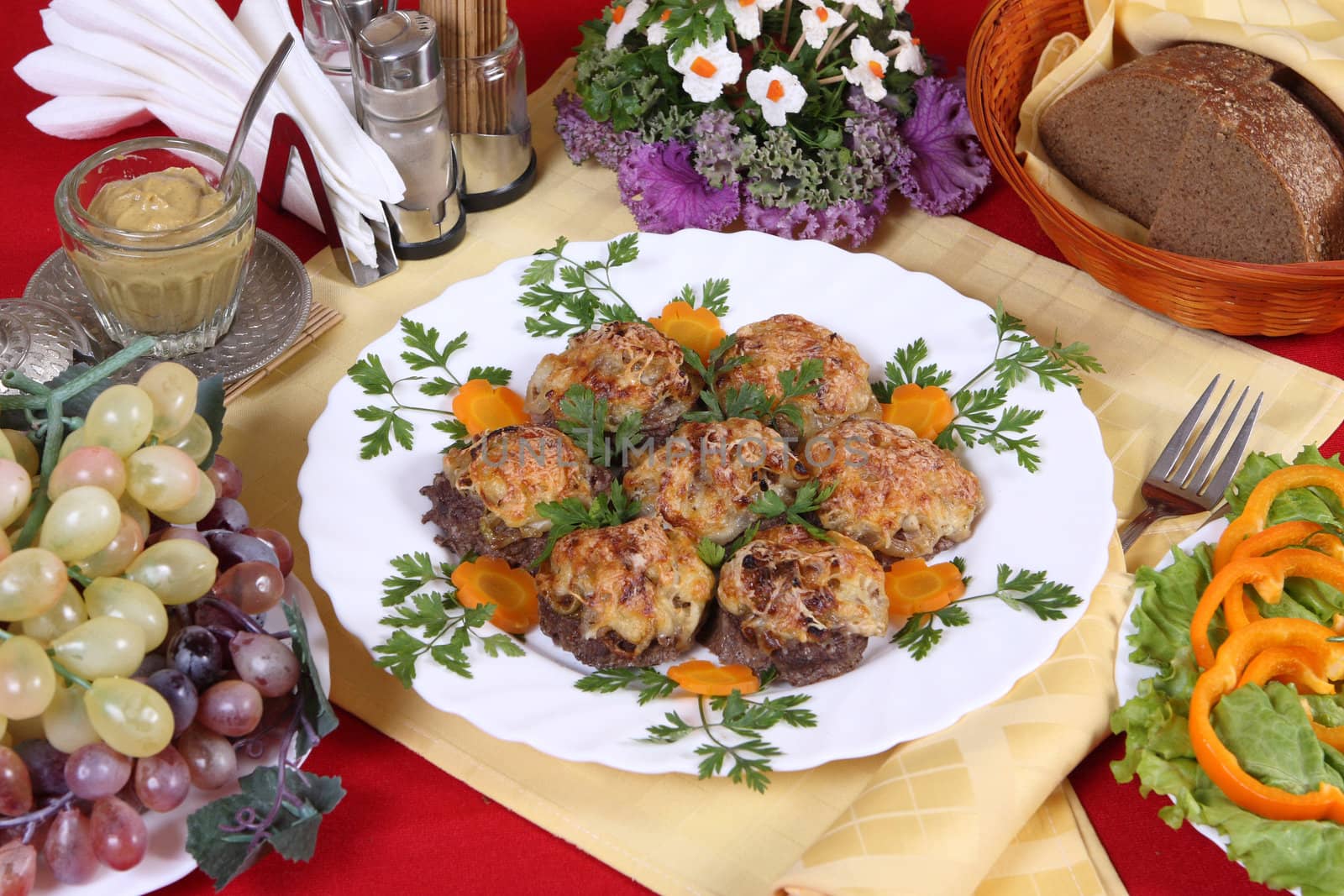 Celebratory supper with cutlets, fruits & vegetables