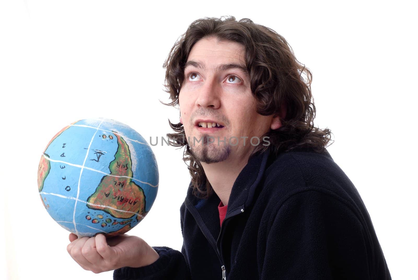 young man with globe isolated in white background