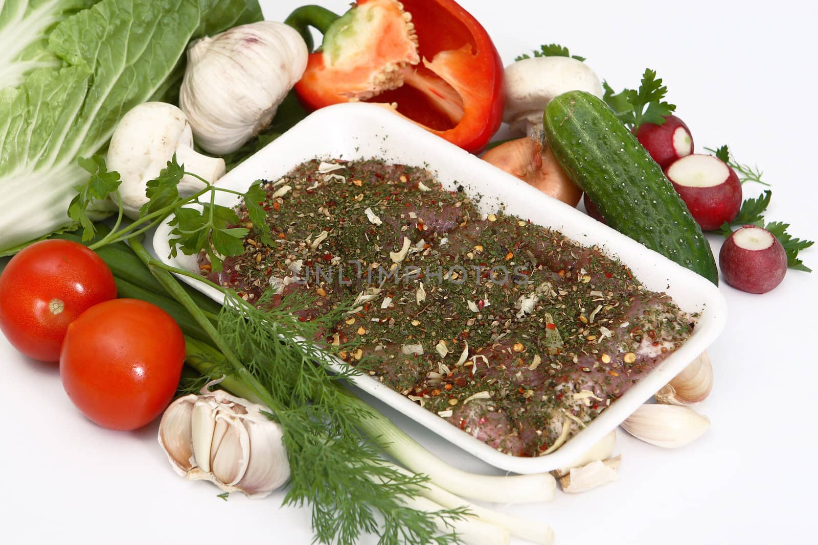 Crude meat, vegetables, greens and seasoning