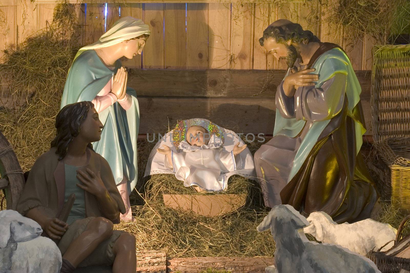 Day nursery with figures of baby Jesus, Maria and Joseph, the shepherd and animals