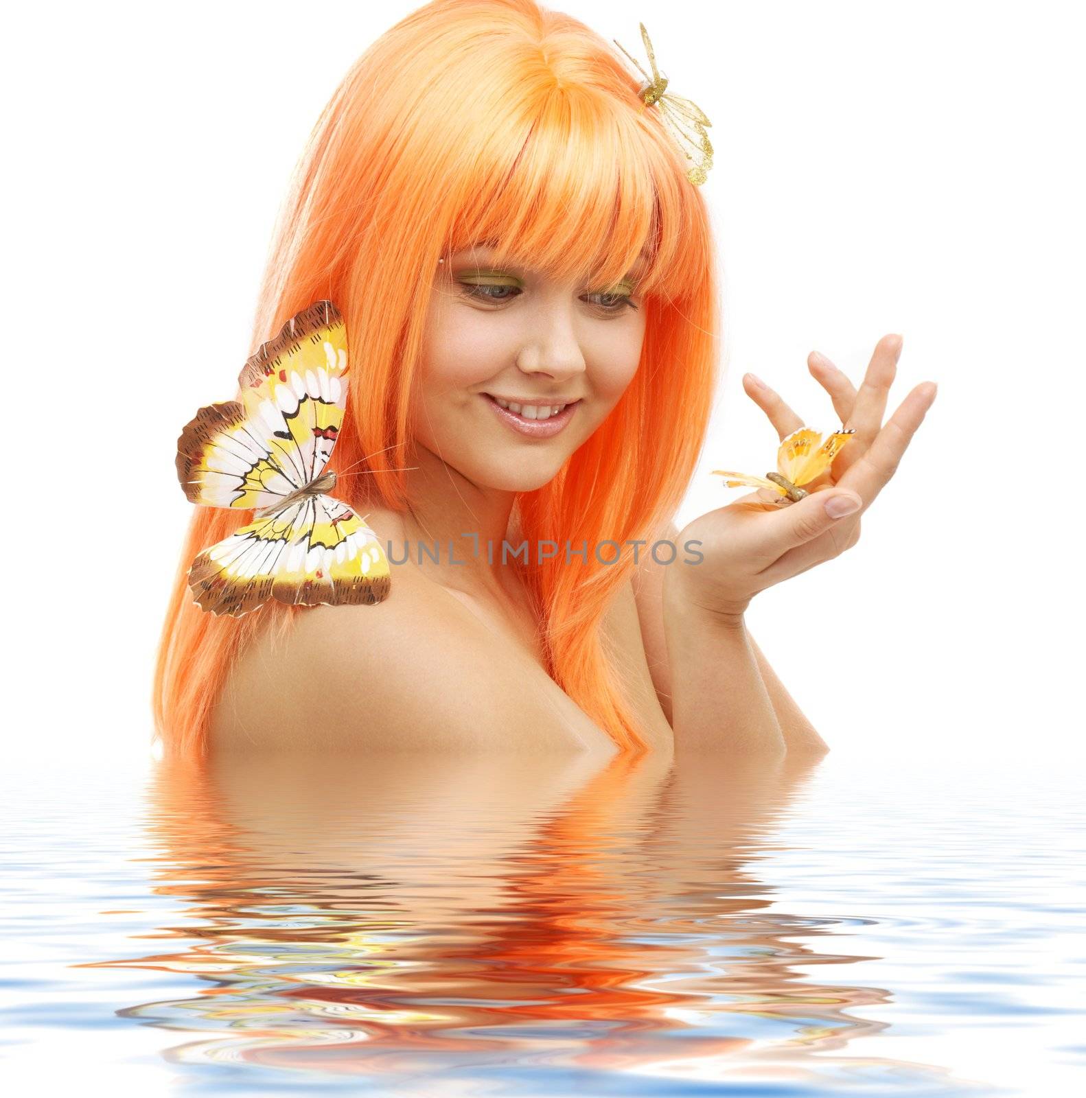 picture of lovely orange hair girl with butterflies in water